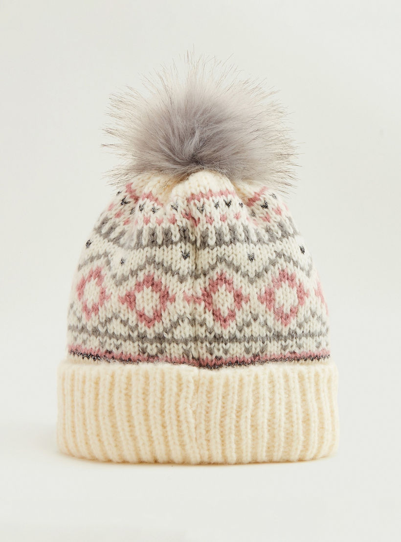 Textured Beanie Cap with Cuffed Hem and Applique Detail-women-clothingaccessories-capsandhats-image-3