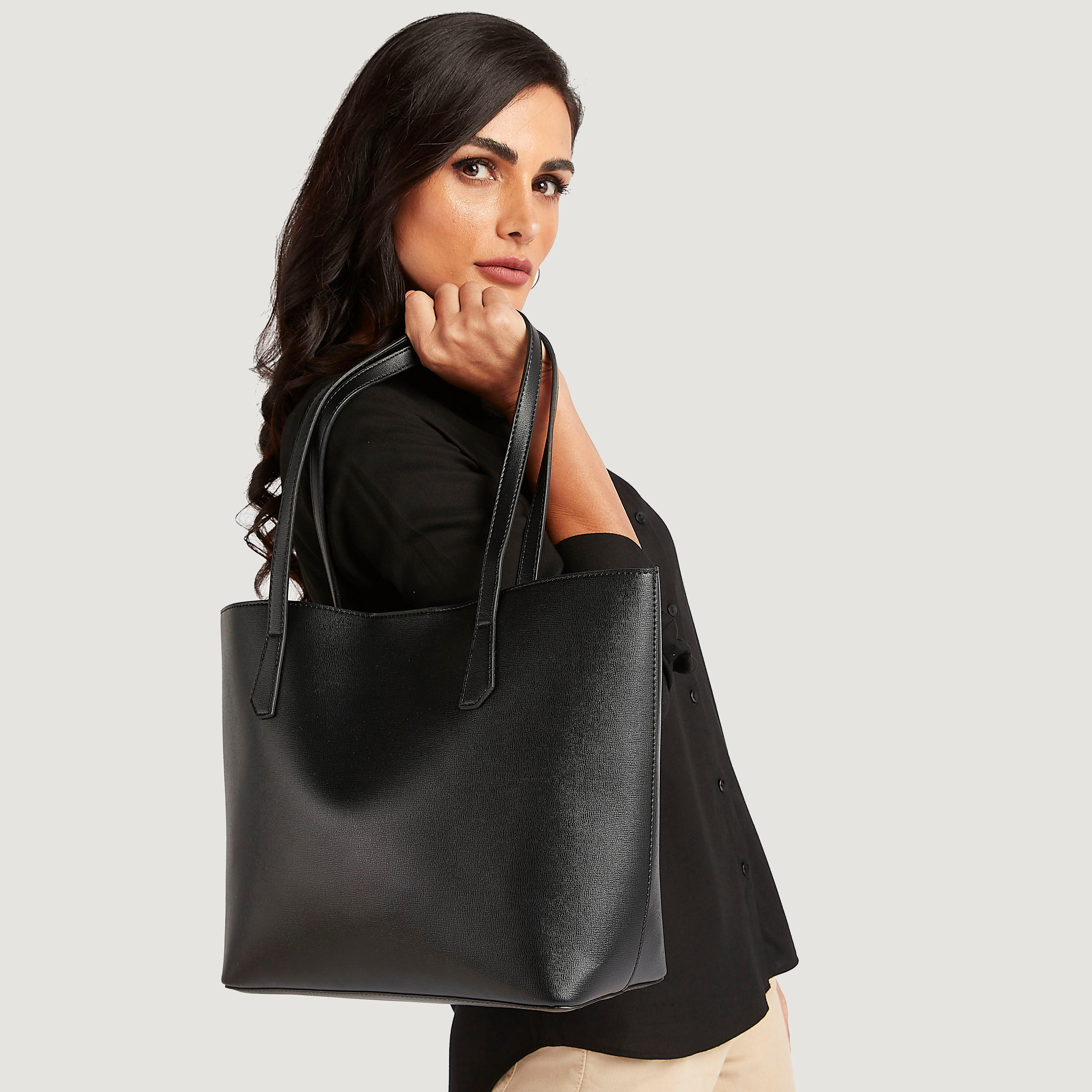 Solid Tote Bag with Double Handles and Magnetic Snap Closure-women-bagsandwallets-handbags-image-2