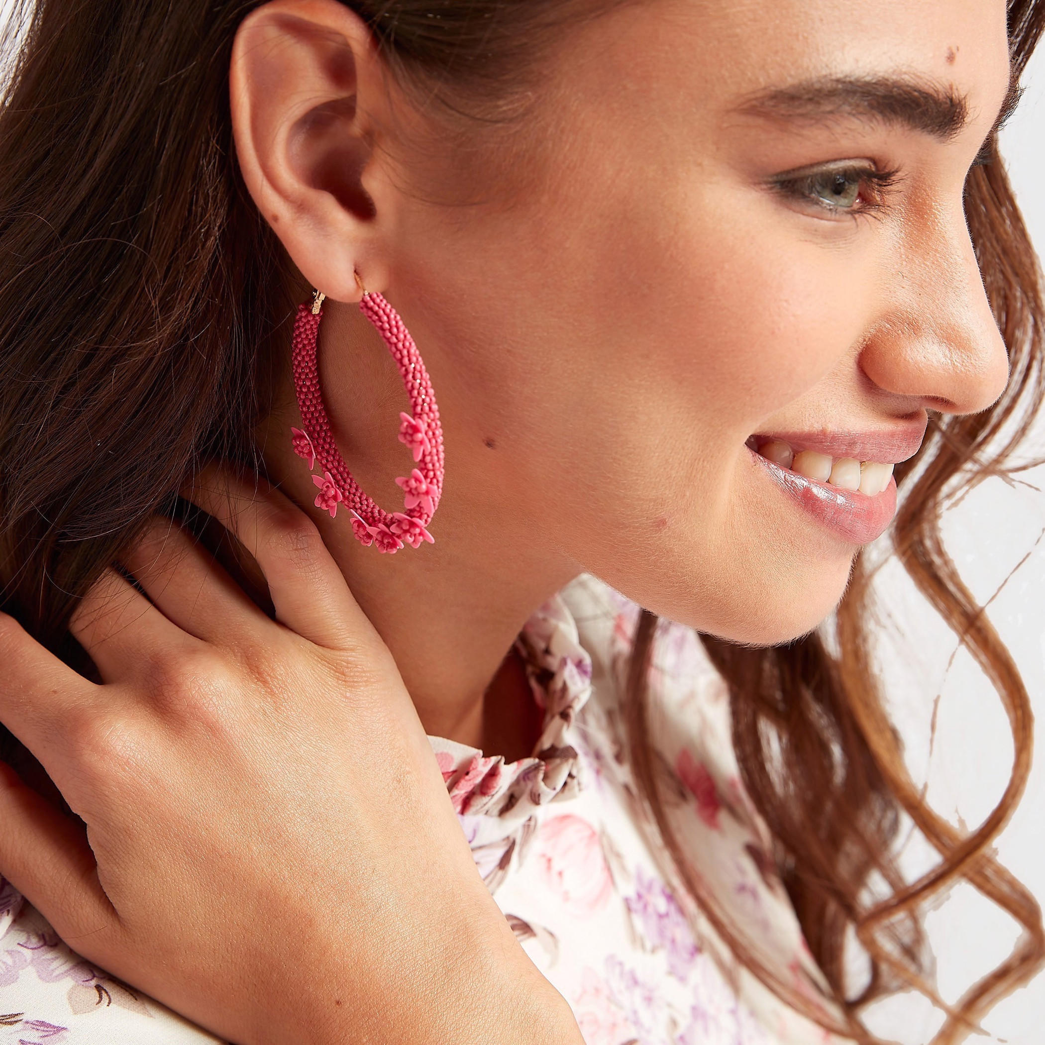 Beaded Hoop Earrings with Floral Accents-women-watchesandjewellery-jewellery-earrings-image-2