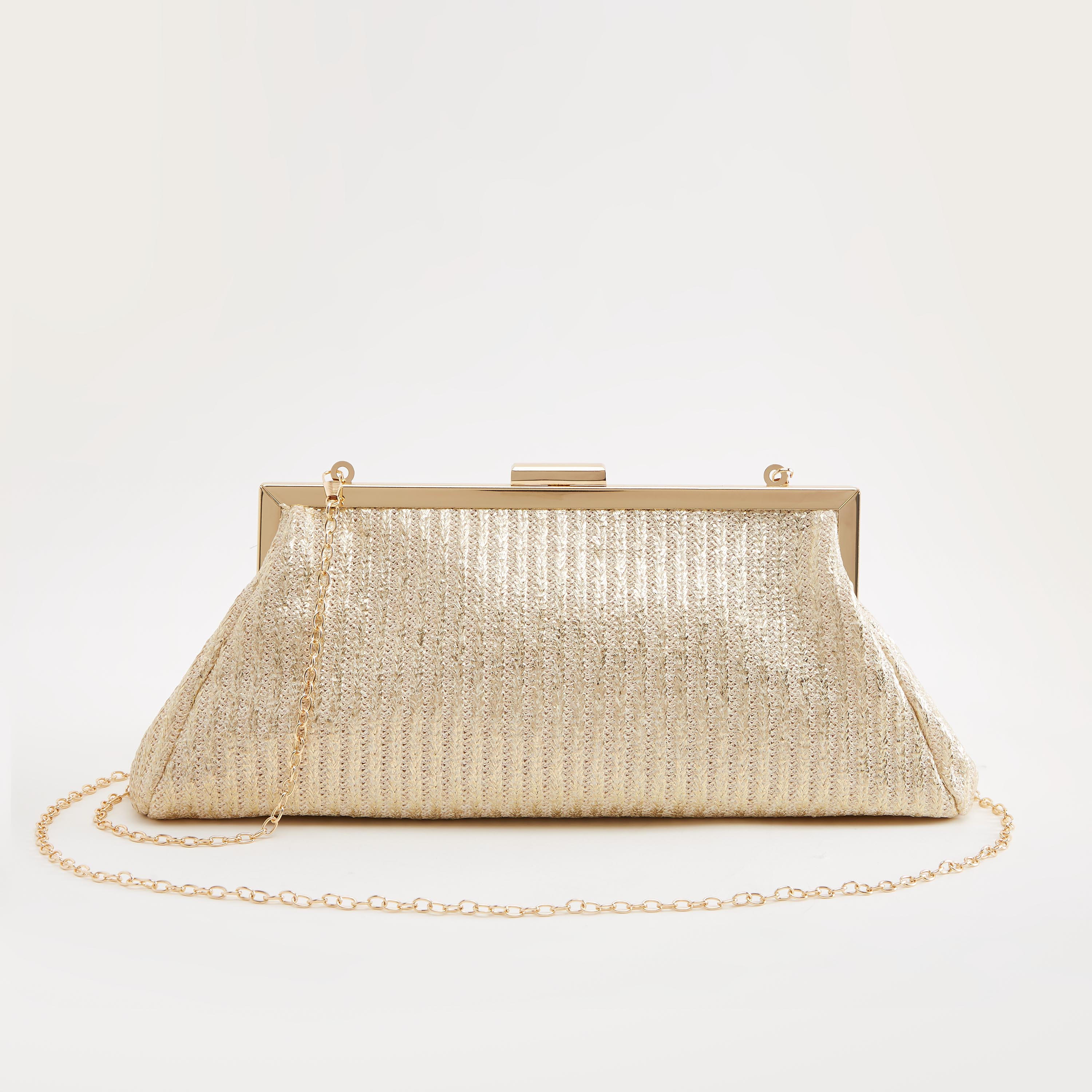 Textured Raffia Clutch with Chain Link Strap-women-bagsandwallets-handbags-image-1