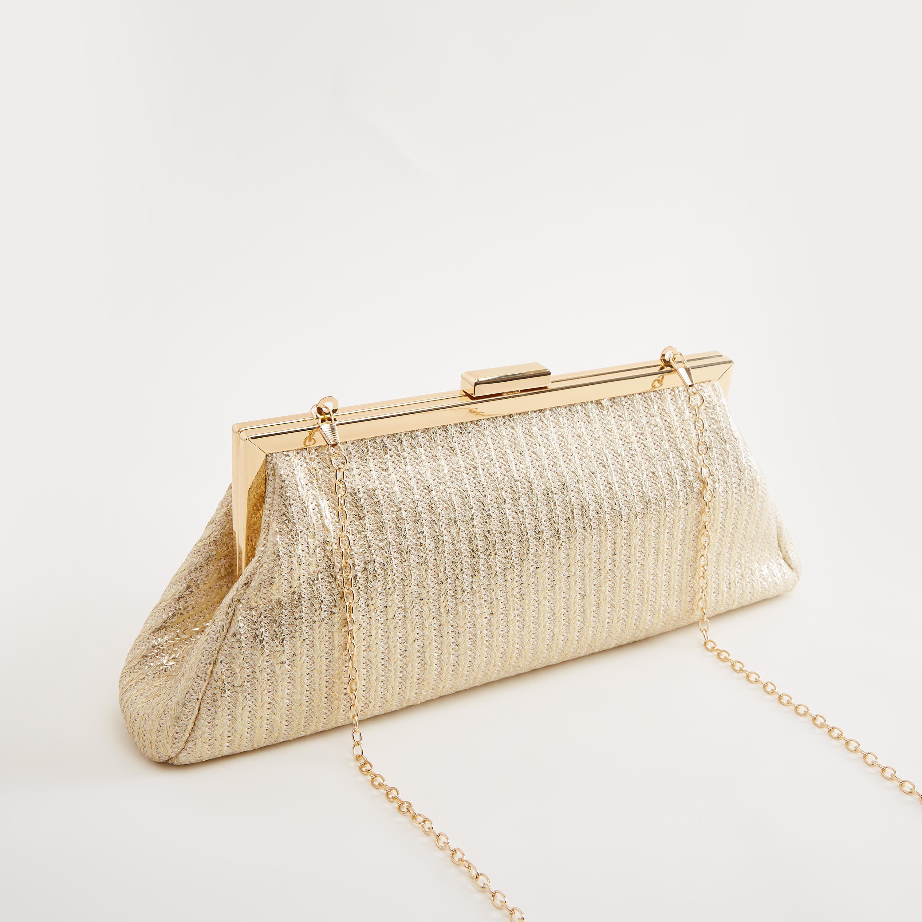 Textured Raffia Clutch with Chain Link Strap-women-bagsandwallets-handbags-image-3