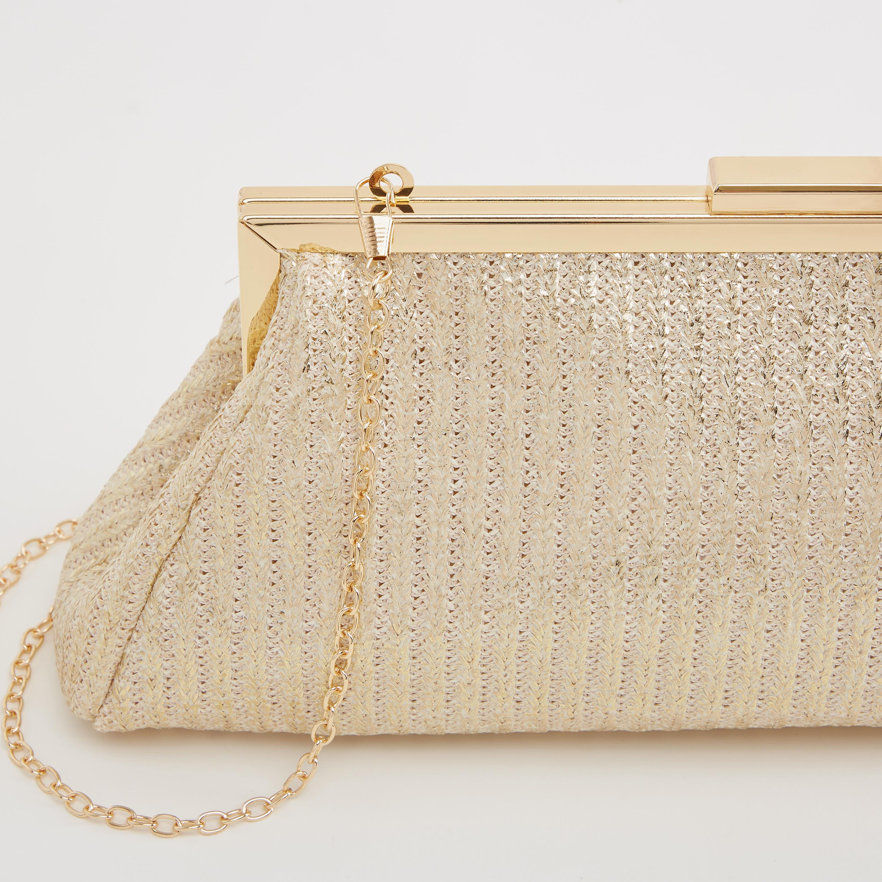 Textured Raffia Clutch with Chain Link Strap-women-bagsandwallets-handbags-image-4