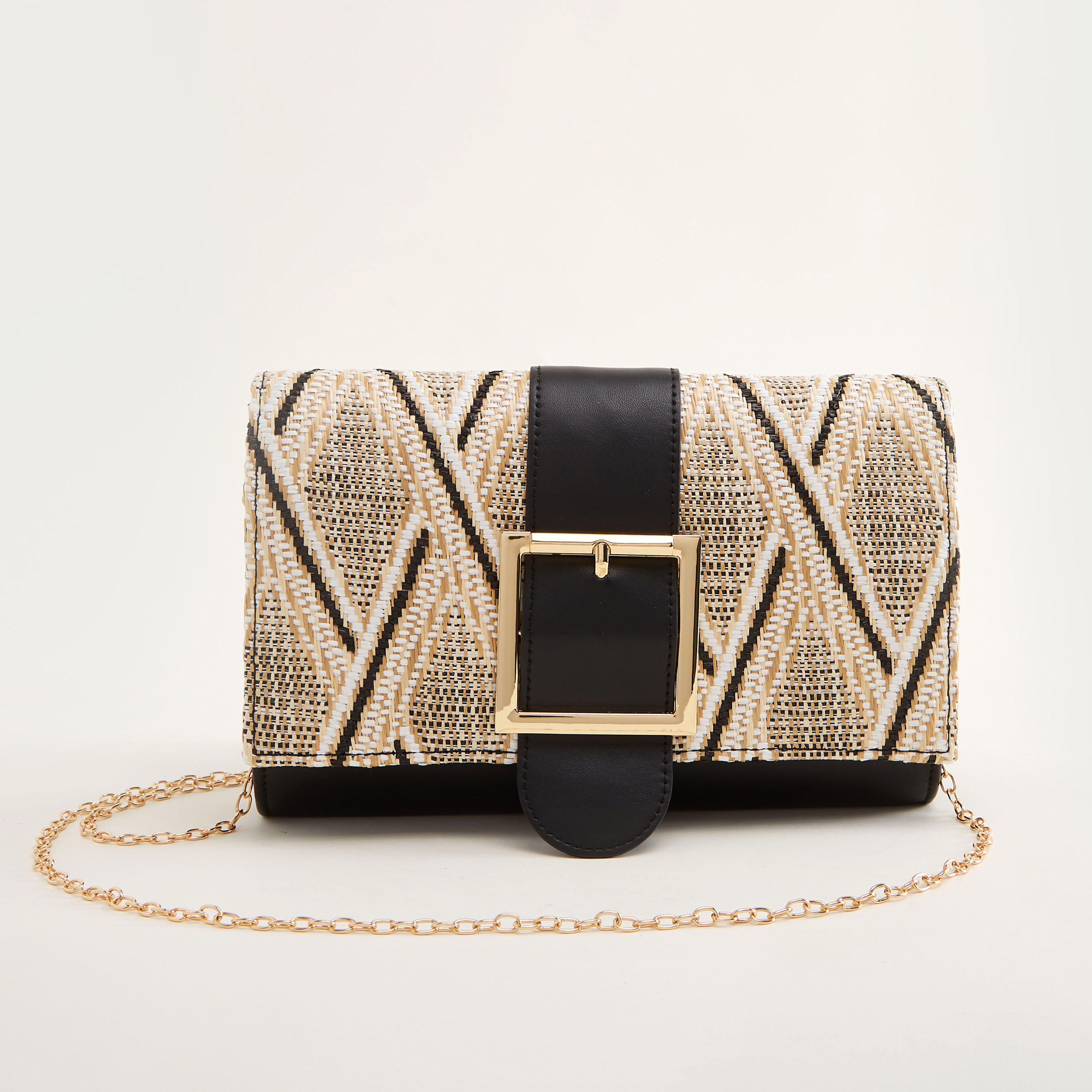 Mixed Raffia Clutch with Chain Link Strap-women-bagsandwallets-handbags-image-1