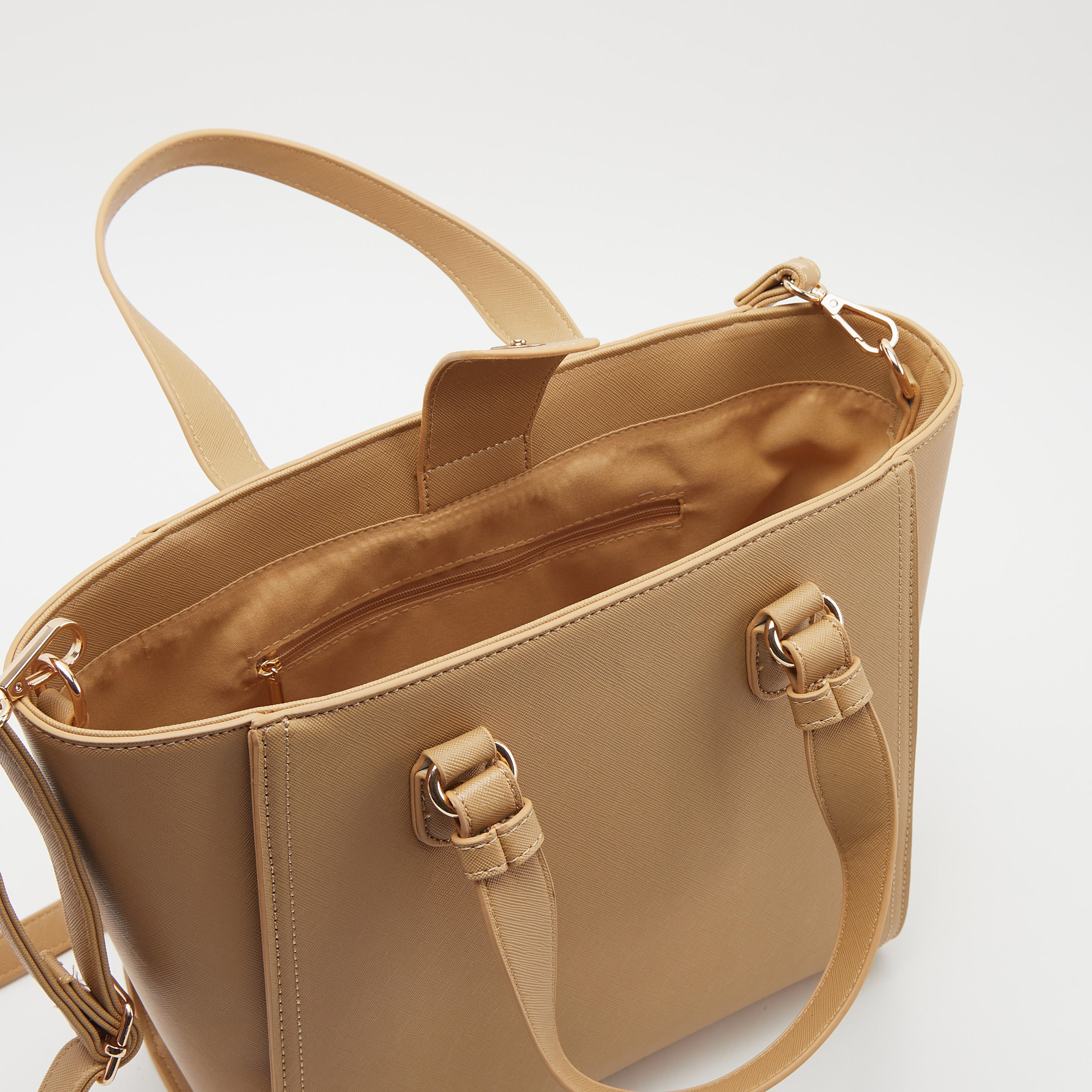 Textured Tote Bag with Detachable Strap and Flap Closure-women-bagsandwallets-handbags-image-4