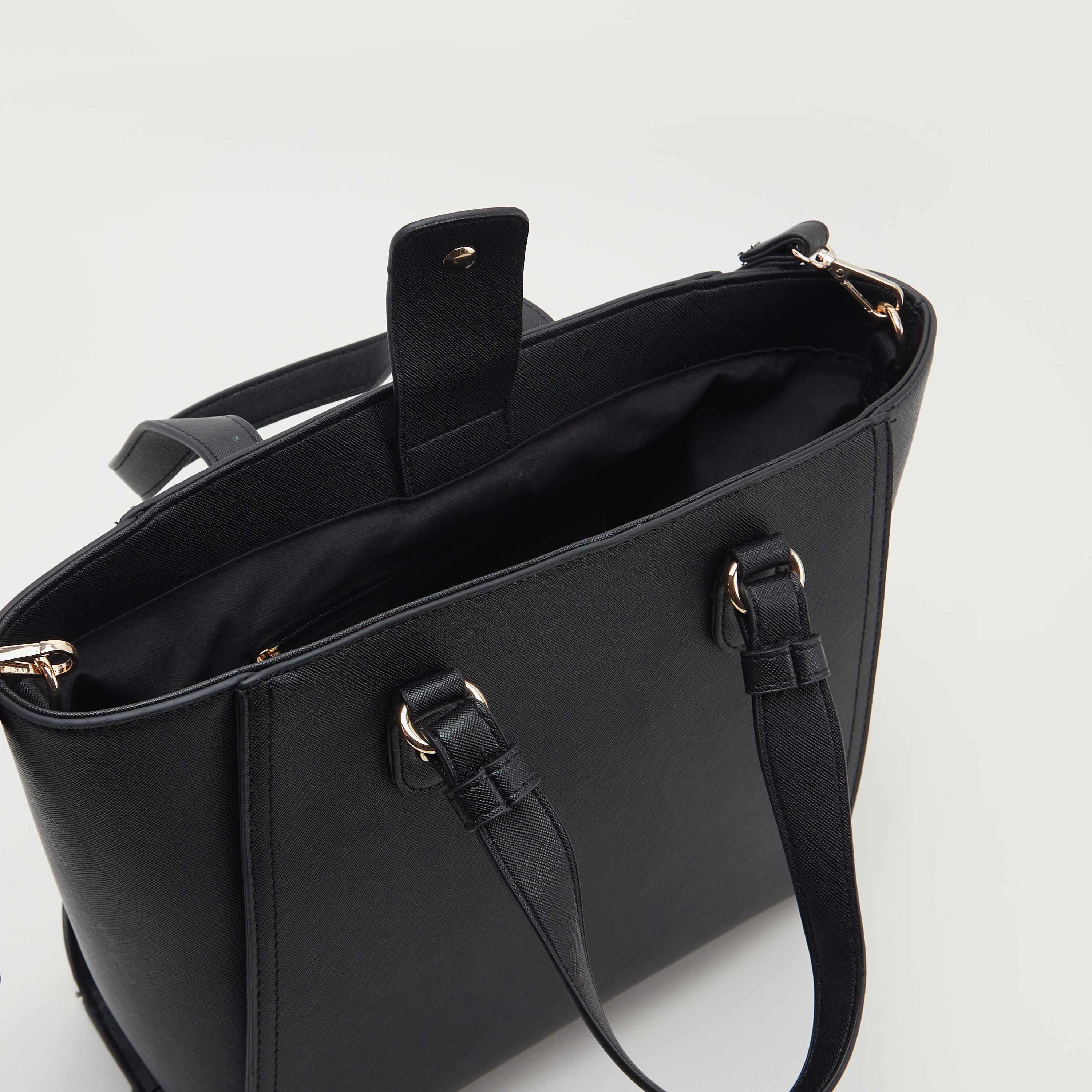 Textured Tote Bag with Detachable Strap and Flap Closure-women-bagsandwallets-handbags-image-4
