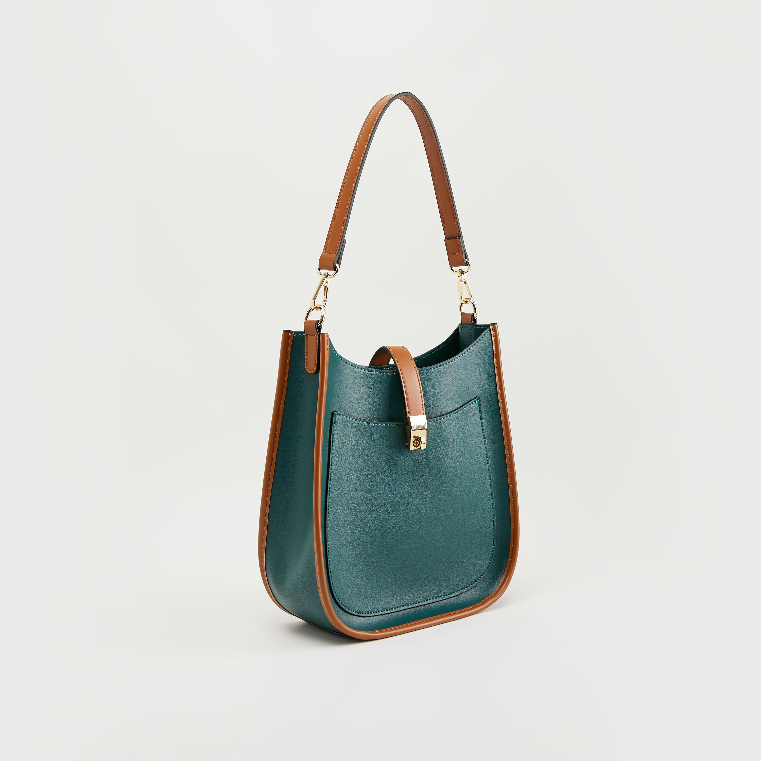 Solid Tote Bag with Front Pocket and Twist Lock Flap Closure-women-bagsandwallets-handbags-image-3