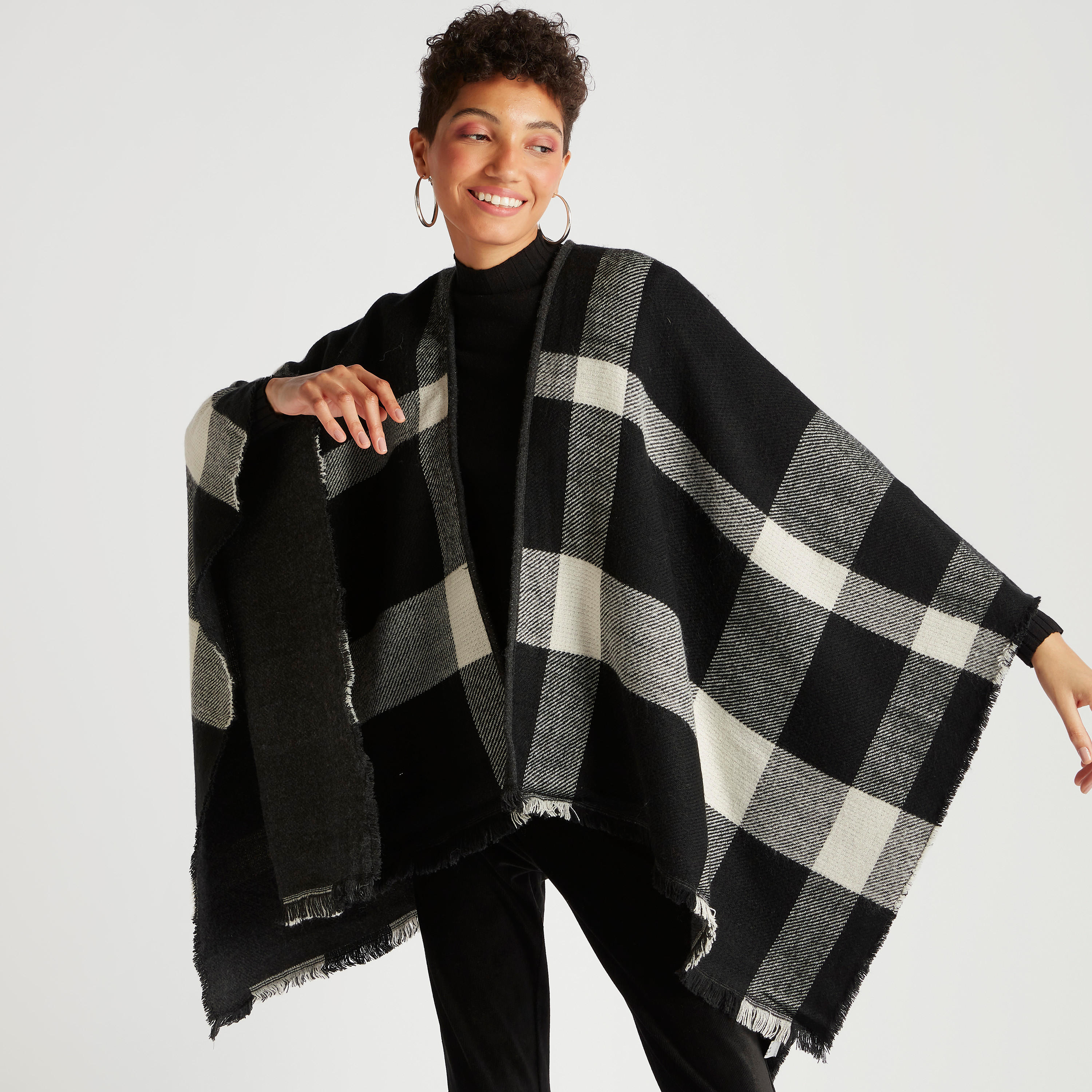 Checked Front Open Cape with Fringed Edges-women-winterwear-coatsandjackets-jackets-image-1