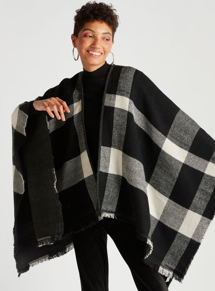 Checked Front Open Cape with Fringed Edges-women-winterwear-coatsandjackets-jackets-image-1