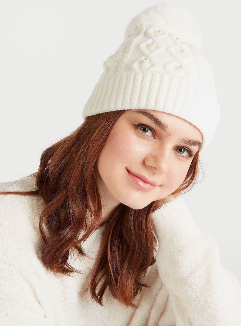 Textured Beanie Cap with Pom Pom Accent-women-clothingaccessories-capsandhats-image-2