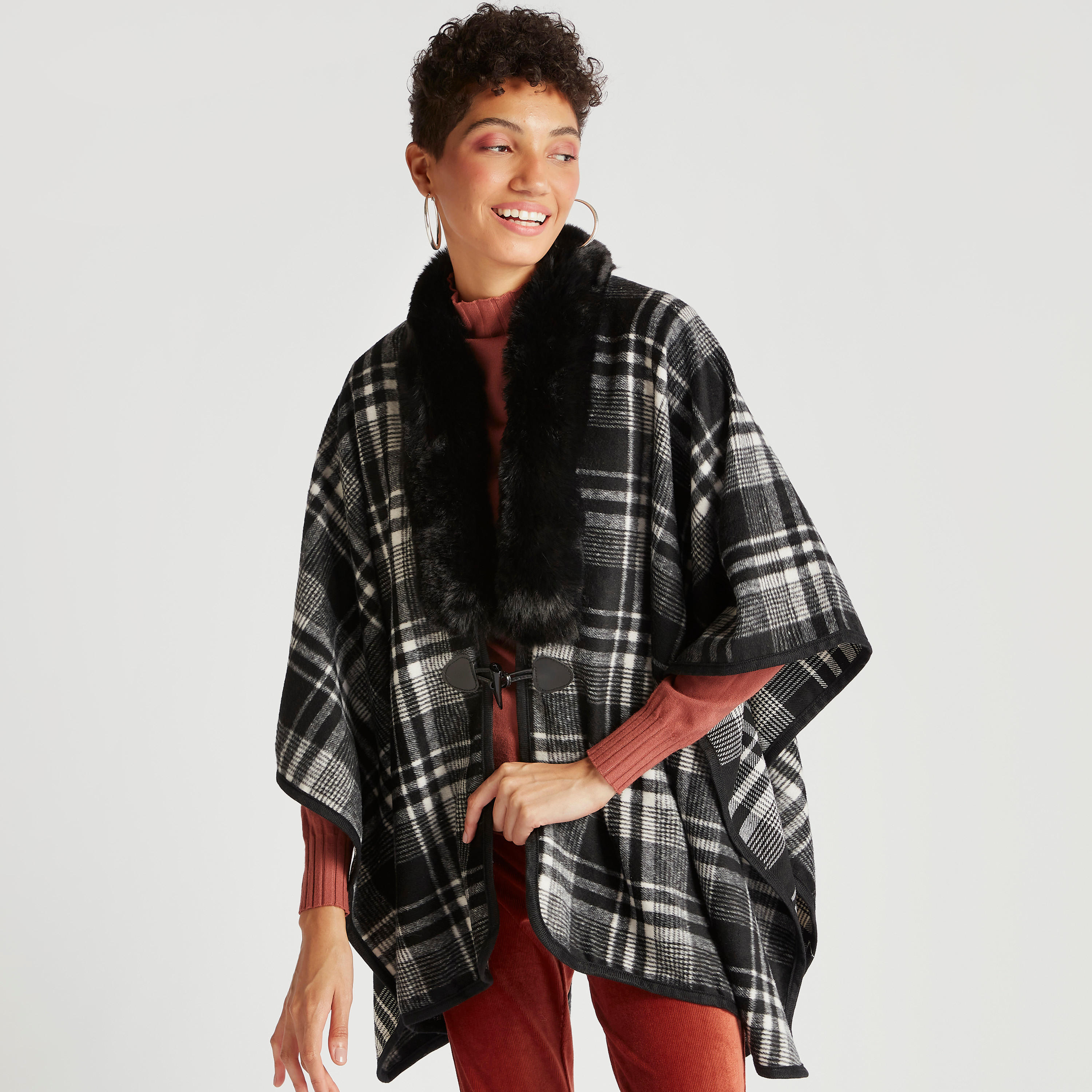 Checked Cape with Faux Fur Collar-women-winterwear-coatsandjackets-jackets-image-1