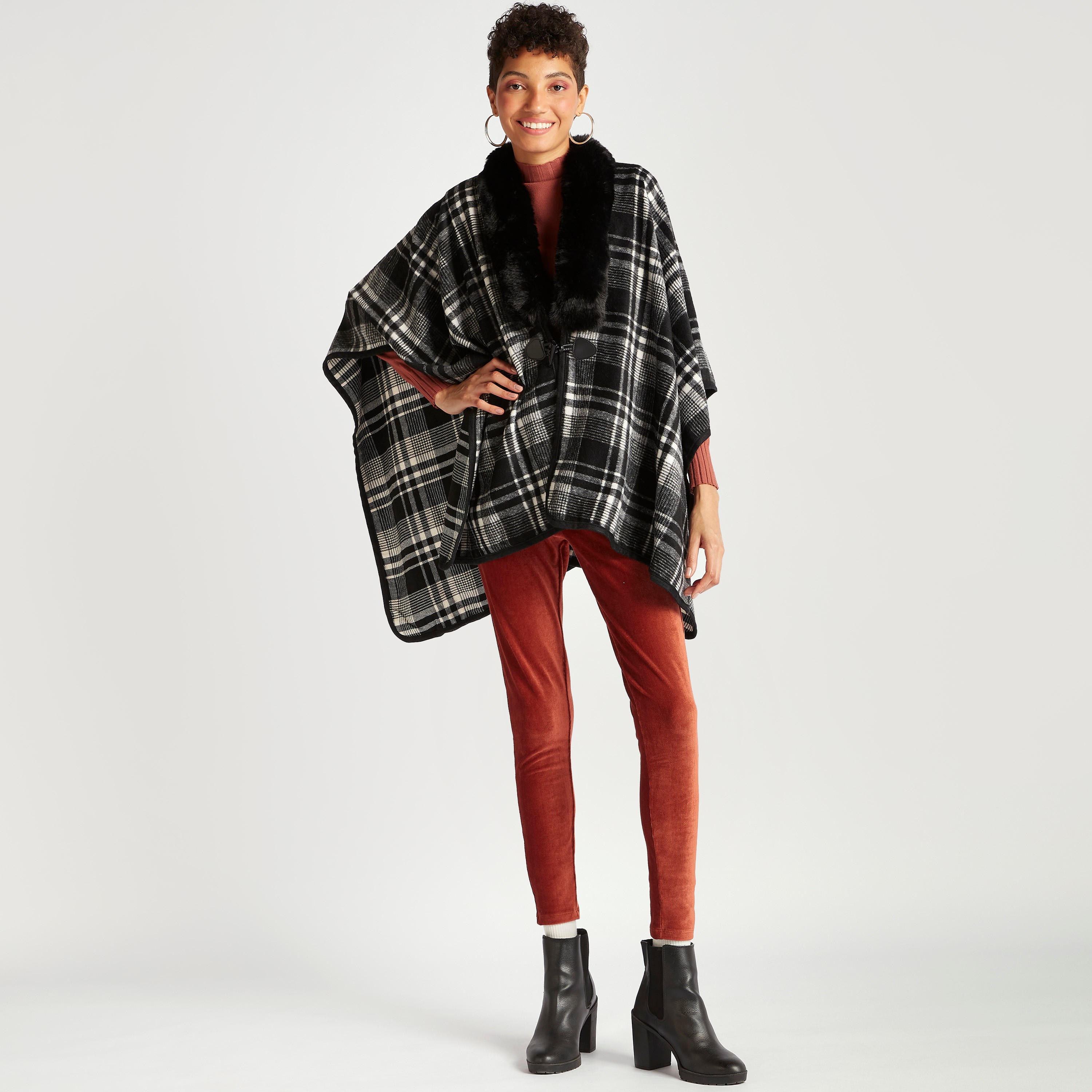 Checked Cape with Faux Fur Collar-women-winterwear-coatsandjackets-jackets-image-2
