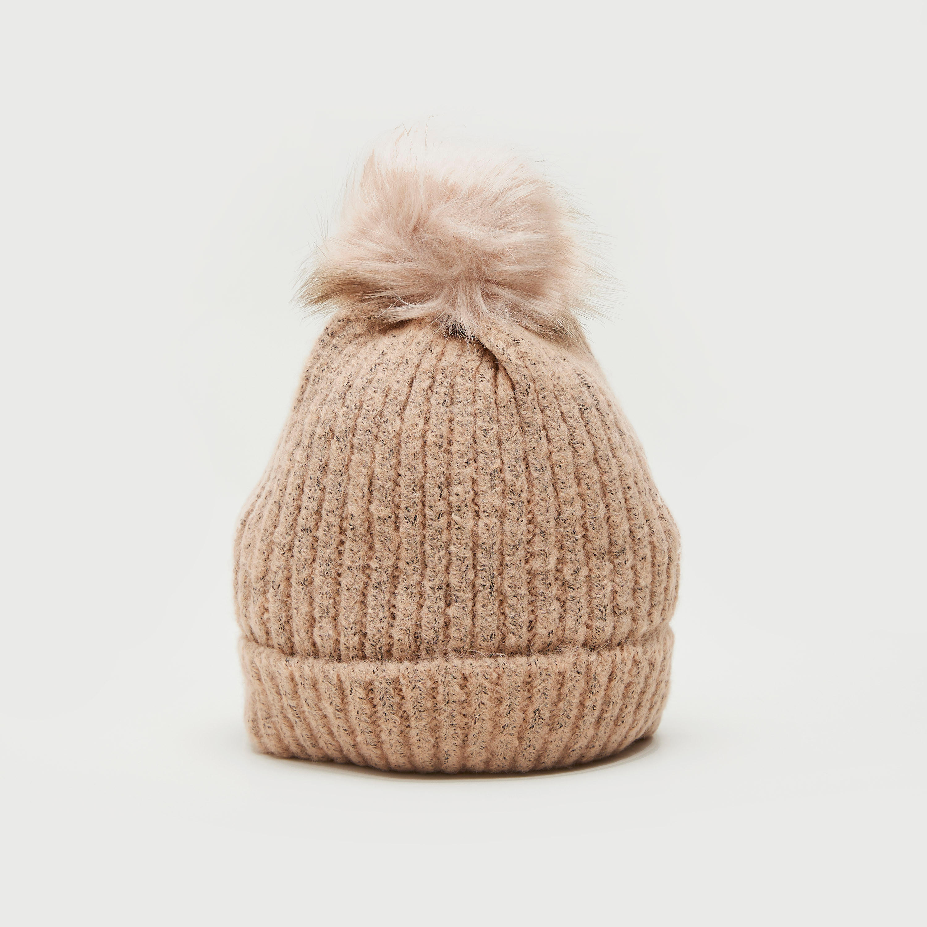 كاب بيني مضلّعة بكرات بوم بوم من الفرو الصناعي-women-clothingaccessories-capsandhats-image-1