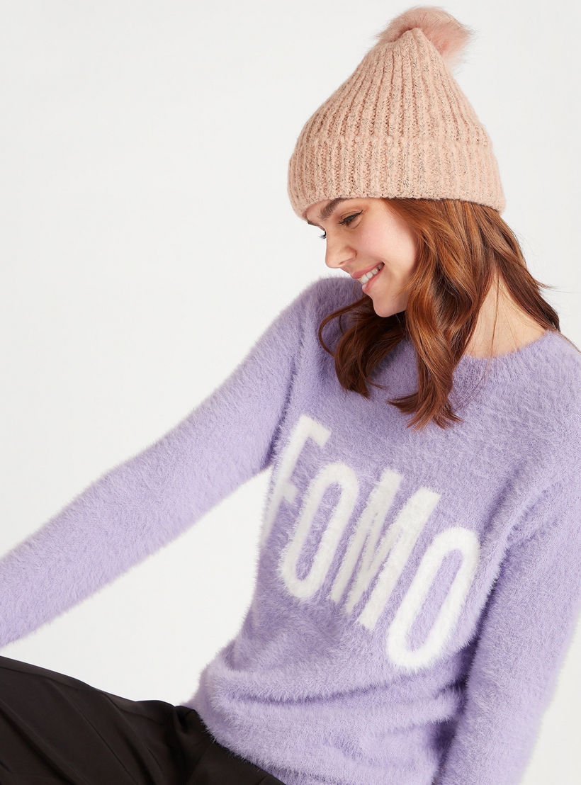 كاب بيني مضلّعة بكرات بوم بوم من الفرو الصناعي-women-clothingaccessories-capsandhats-image-2