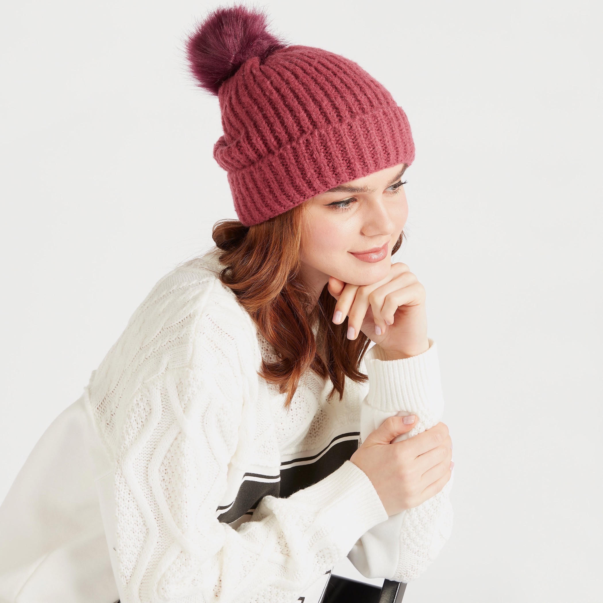 Textured Beanie Cap with Pom Pom Accent-women-clothingaccessories-capsandhats-image-2