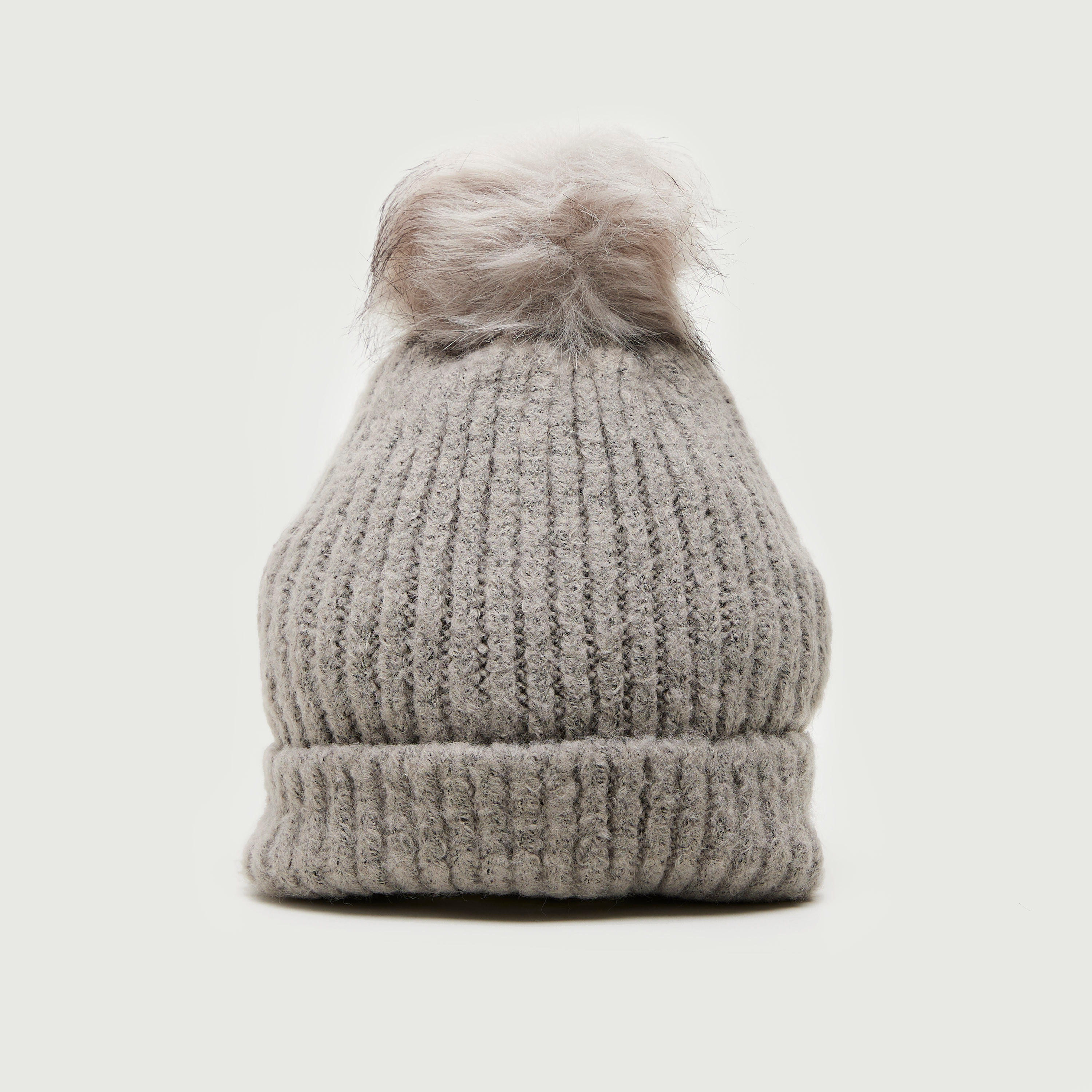 Ribbed Beanie Cap with Faux Fur Pom Pom-women-clothingaccessories-capsandhats-image-1