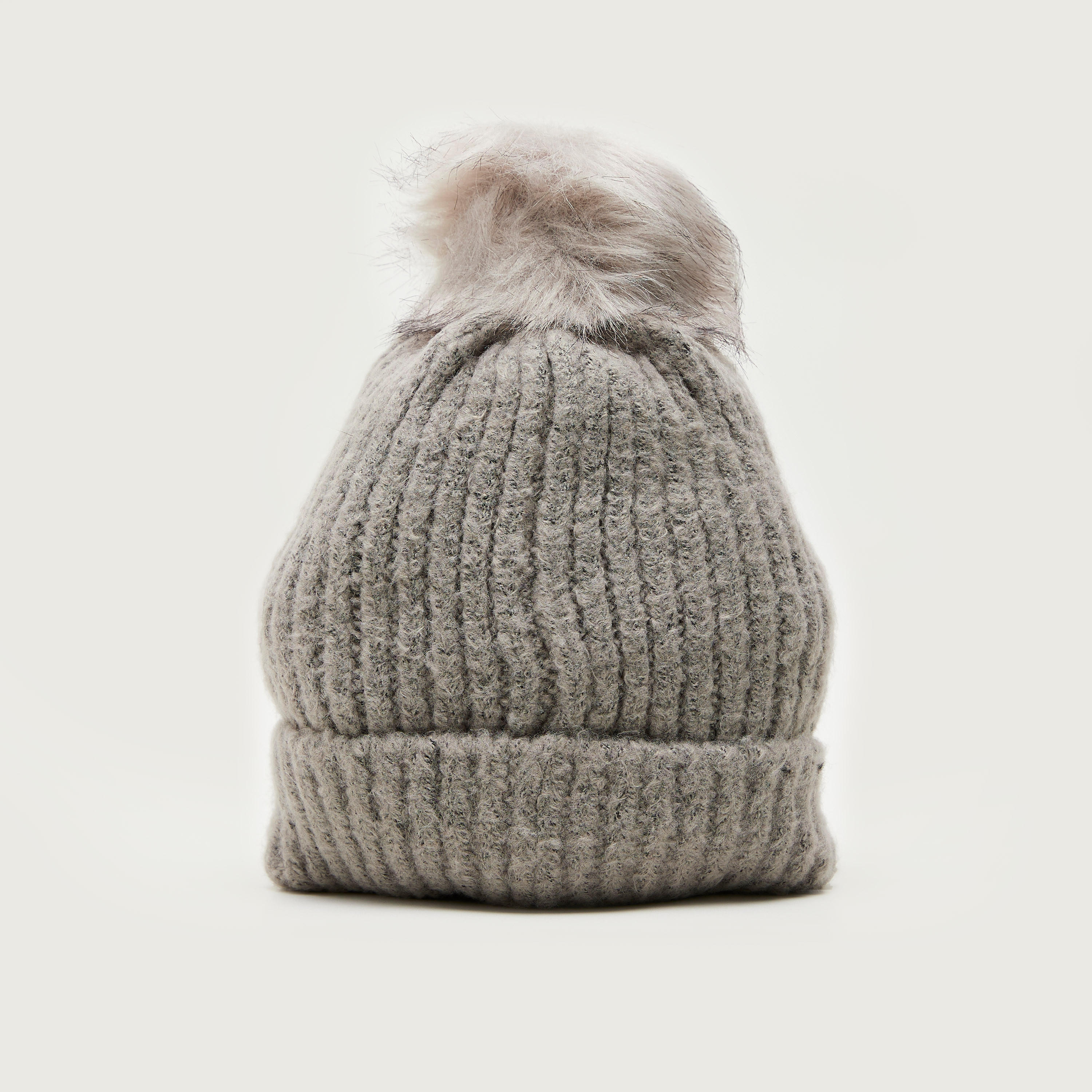 Ribbed Beanie Cap with Faux Fur Pom Pom-women-clothingaccessories-capsandhats-image-4