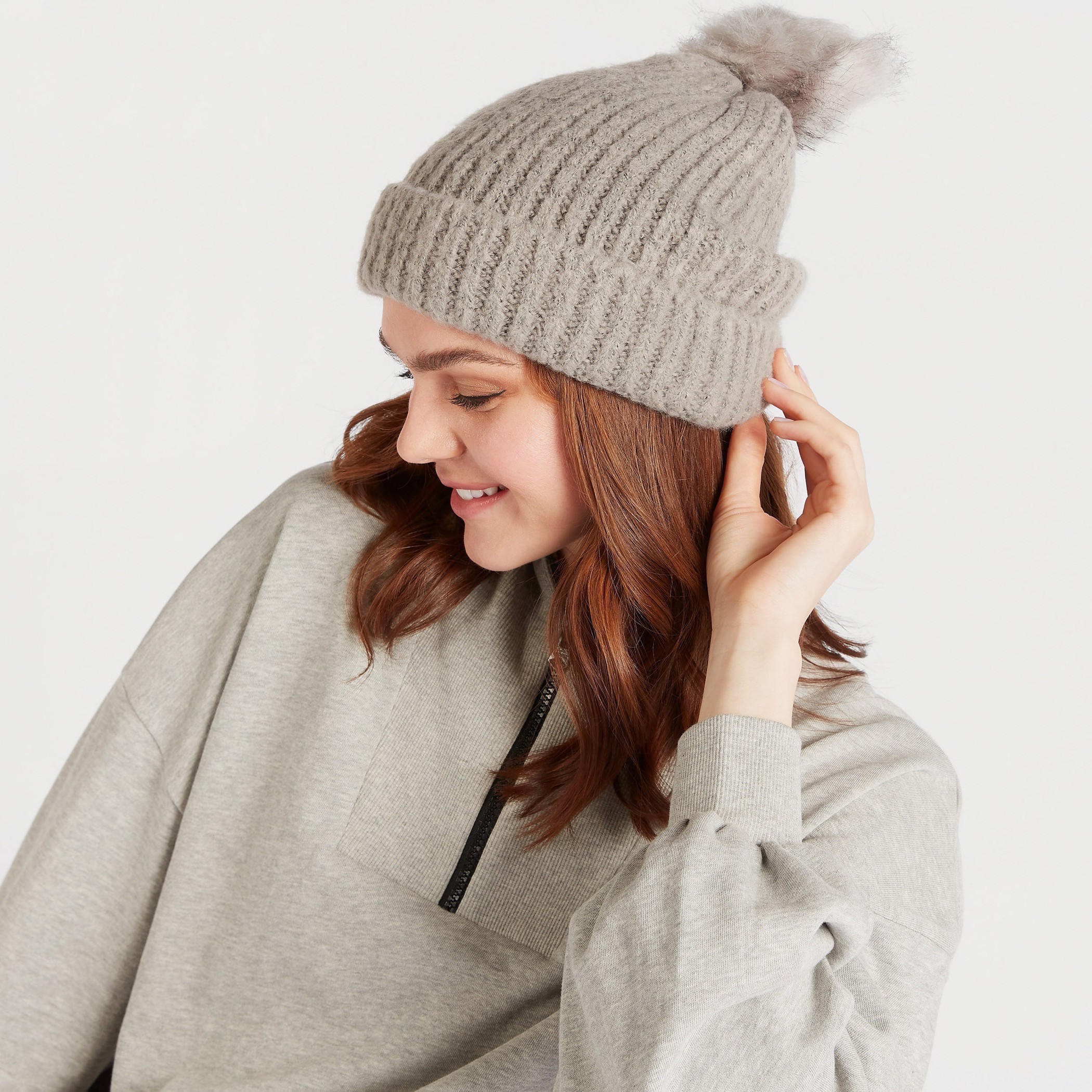 Ribbed Beanie Cap with Faux Fur Pom Pom-women-clothingaccessories-capsandhats-image-2