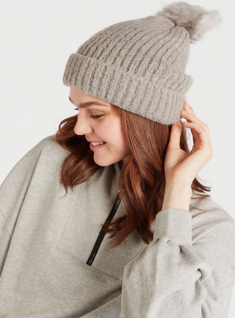 Ribbed Beanie Cap with Faux Fur Pom Pom-women-clothingaccessories-capsandhats-image-2