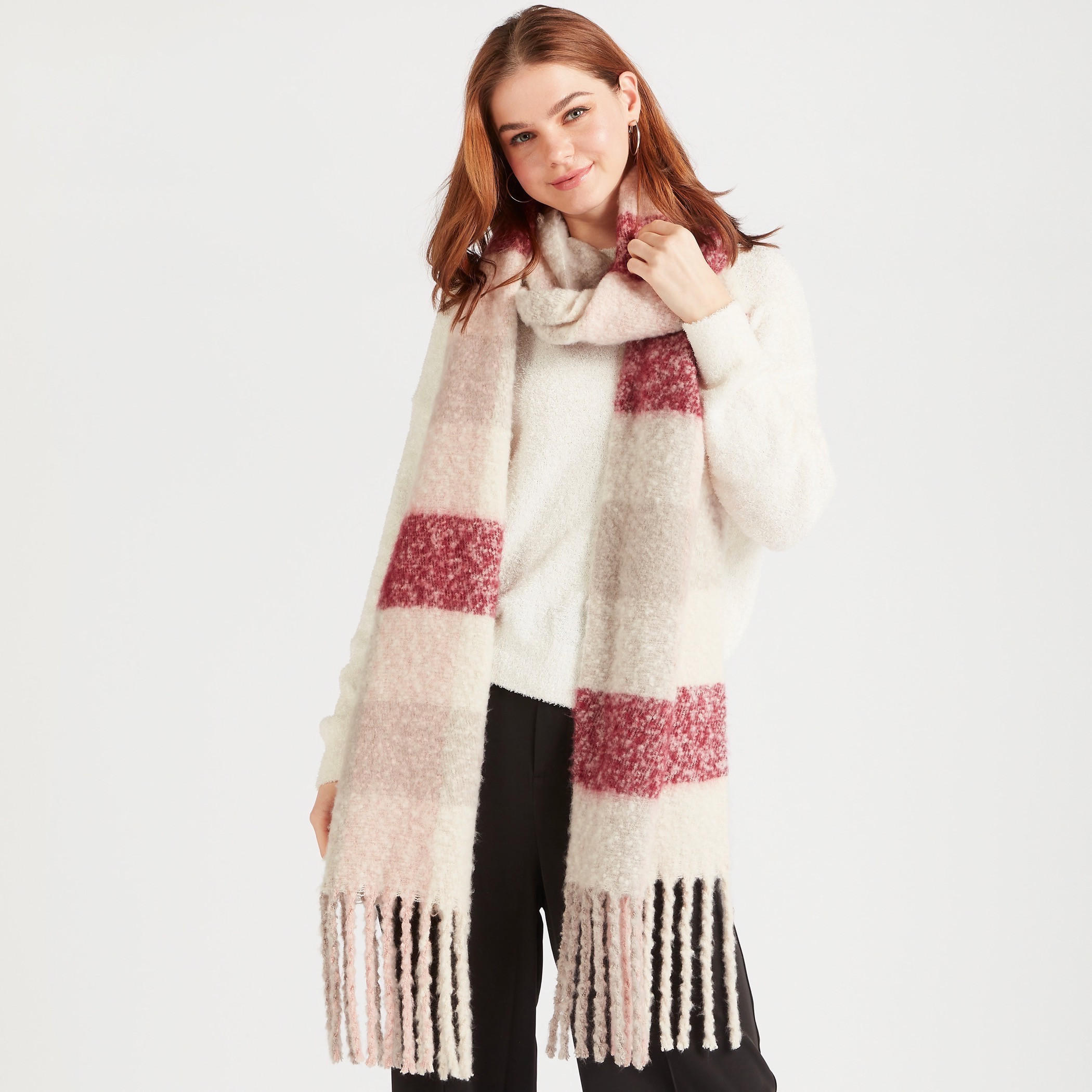 Checked Brushed Boucle Scarf with Fringed Edges-women-clothingaccessories-scarves-image-2