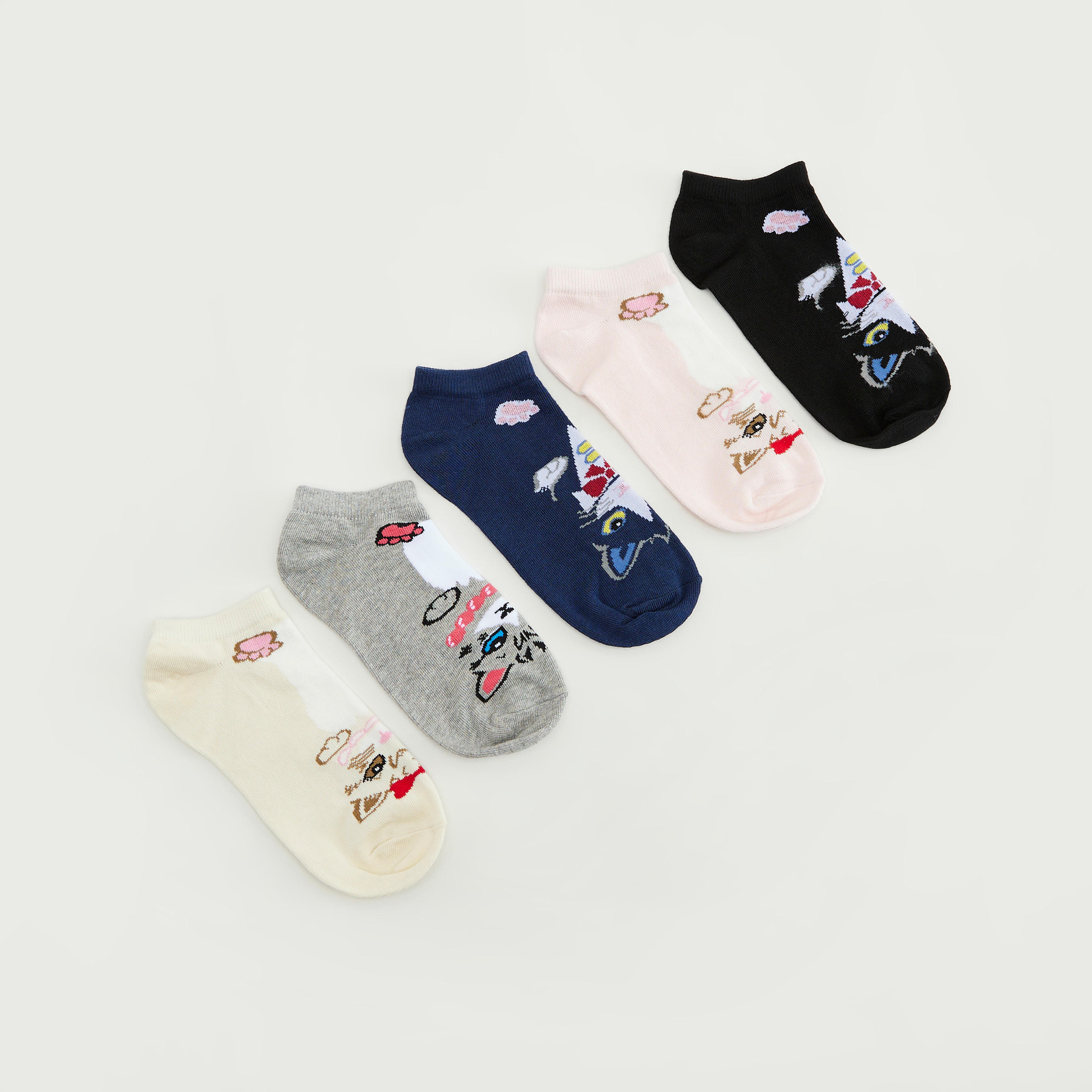 Set of 5 - Cat Embroidered Ankle Length Socks-women-socksandstockings-image-1
