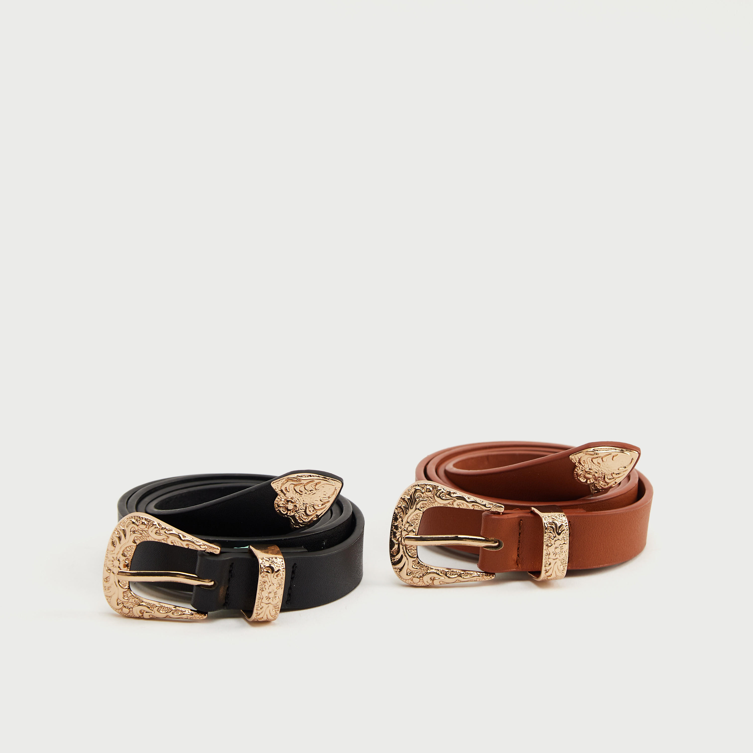 حزام جلد سادة بإبزيم إغلاق مزيّن - طقم من قطعتين-women-clothingaccessories-belts-image-1