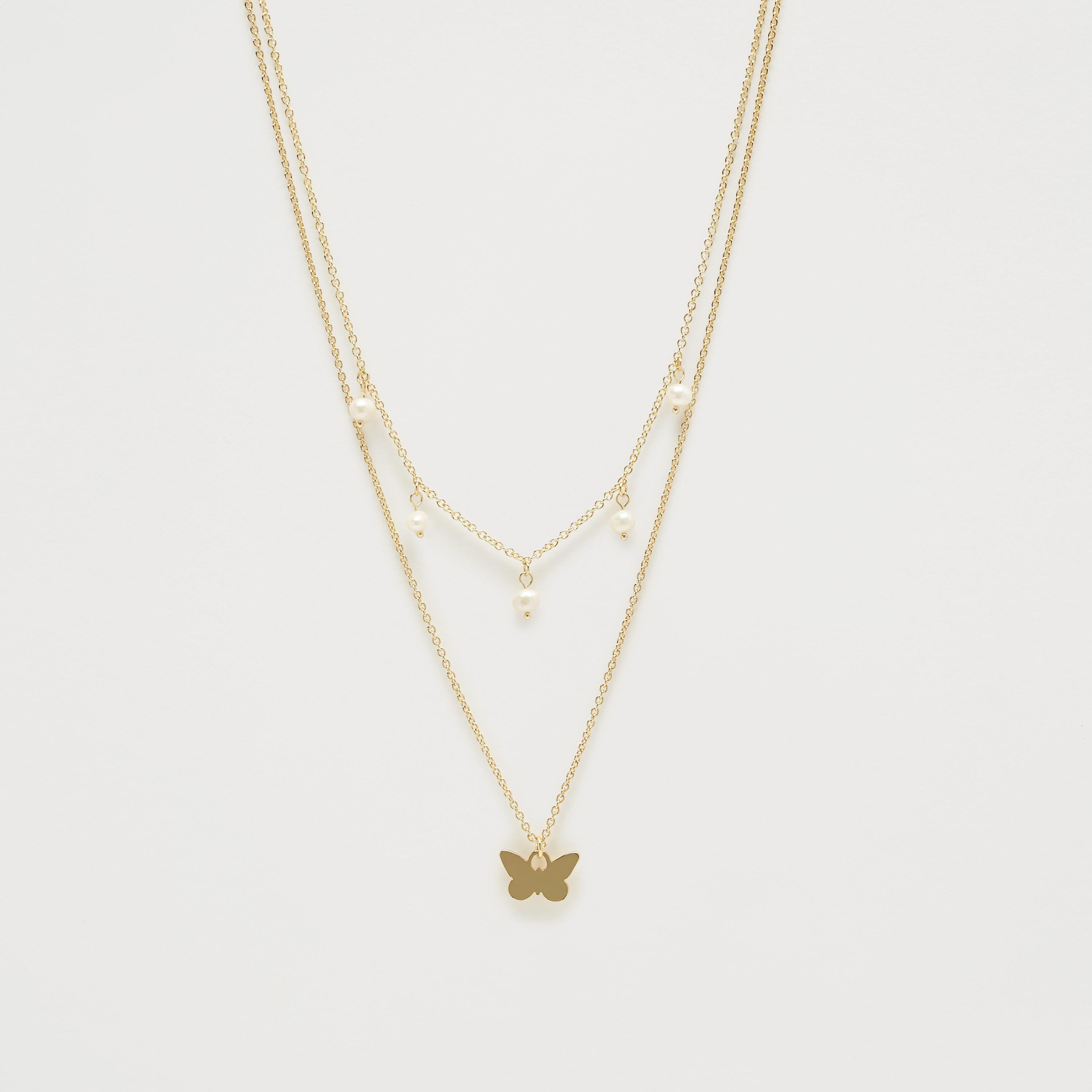 قلادة مطلية بالذهب وشبه ثمينة مزيّنة باللؤلؤ وحلية فراشة وقفل إغلاق-women-watchesandjewellery-jewellery-necklacesandpendants-image-1