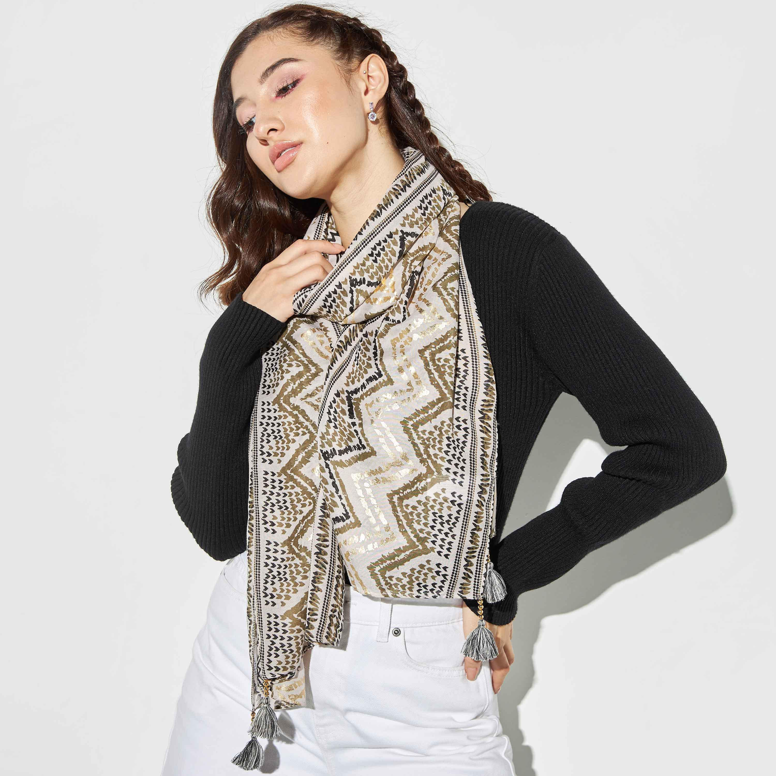 Foil Print Scarf with Bead Embellished Tassels-women-clothingaccessories-scarves-image-2