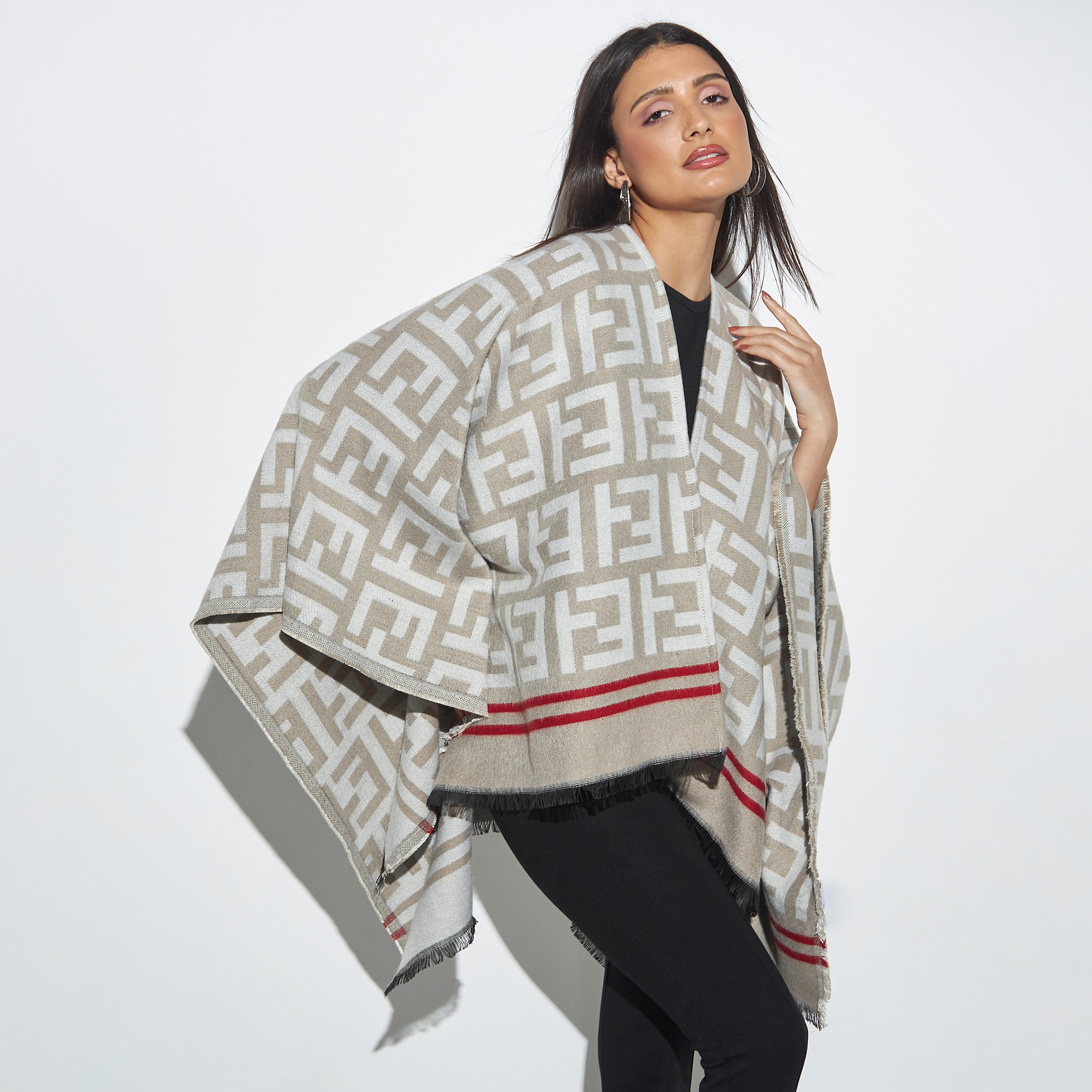 All-Over Monogram Print Cape with Fringes-women-clothingaccessories-scarves-image-1