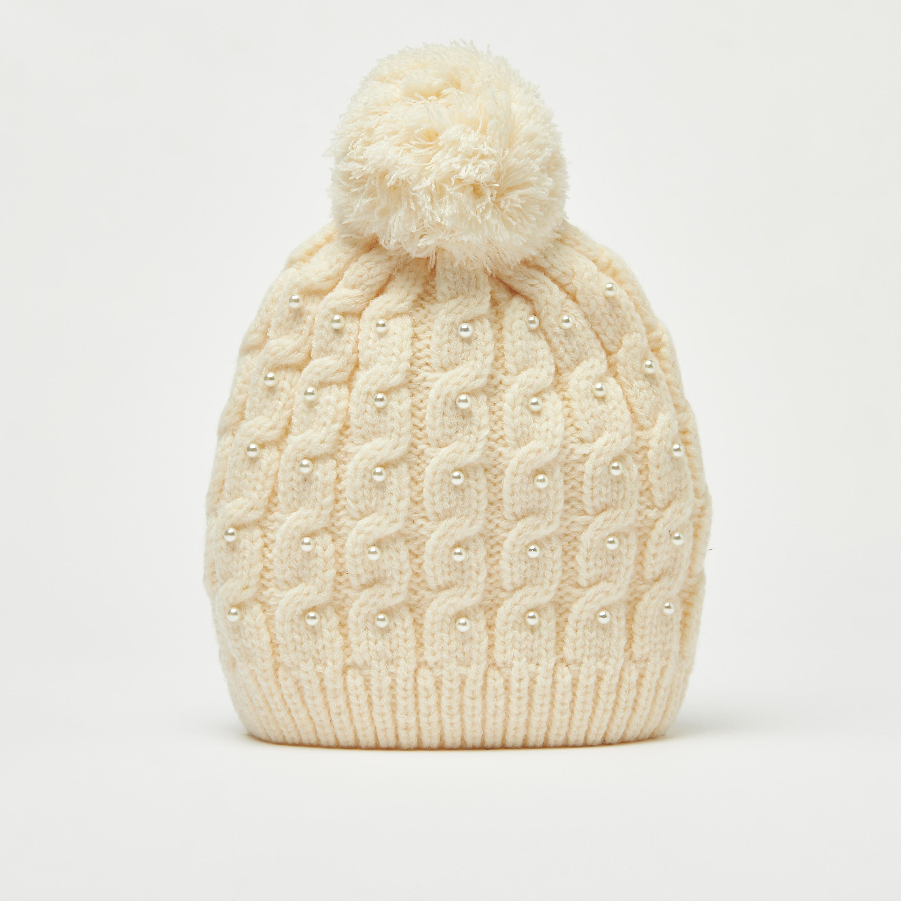 Pearl Embellished Cable Knit Beanie with Pom Pom-women-clothingaccessories-capsandhats-image-1