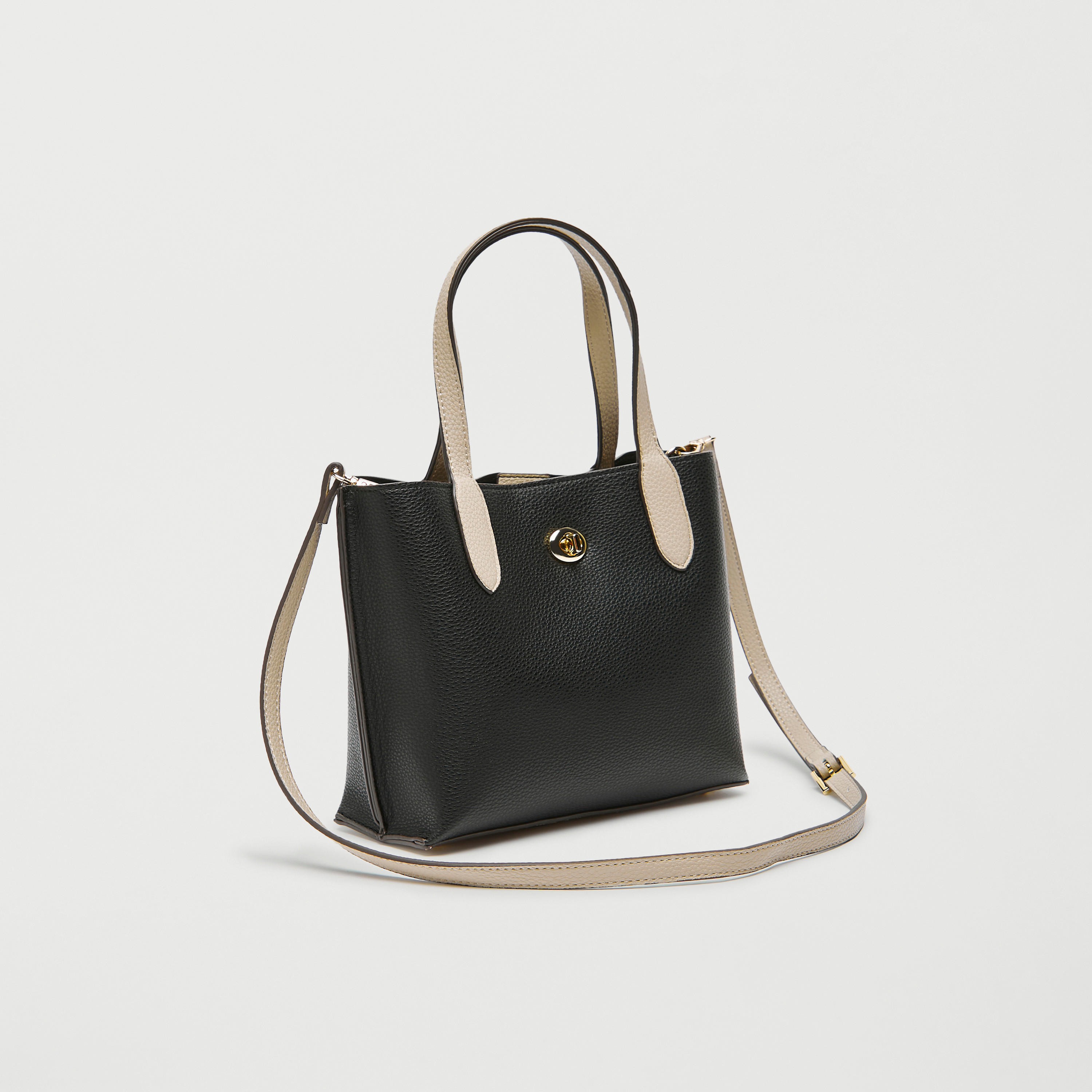 Textured Tote Bag with Detachable Strap and Lock Clasp Closure-women-bagsandwallets-handbags-image-1