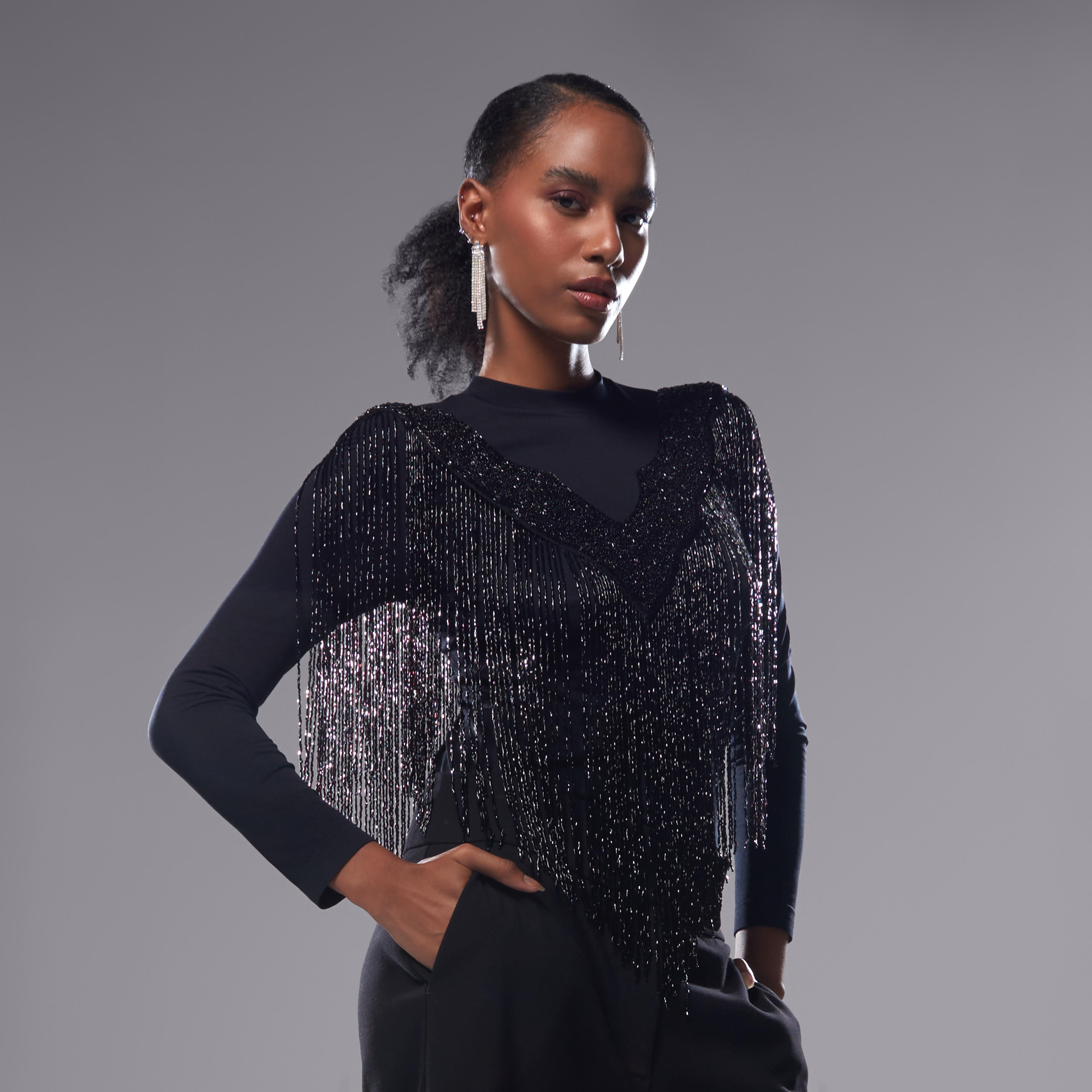كاب أكتاف مزيّن بالخرز بشراشيب وياقة v-women-clothing-shirtsandblouses-blouses-image-2
