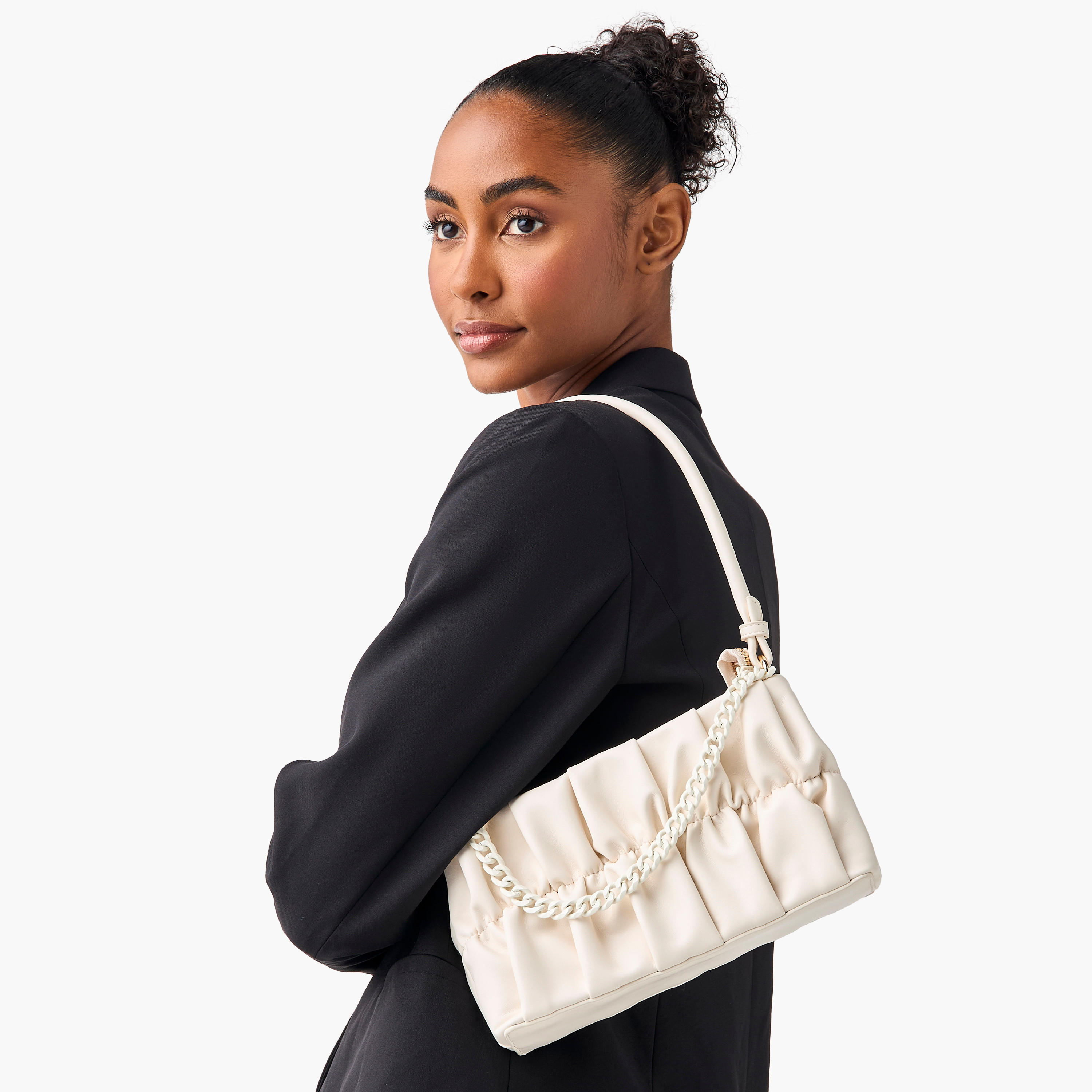 Ruched Detail Shoulder Bag with Strap Handle and Zip Closure-women-bagsandwallets-handbags-image-2