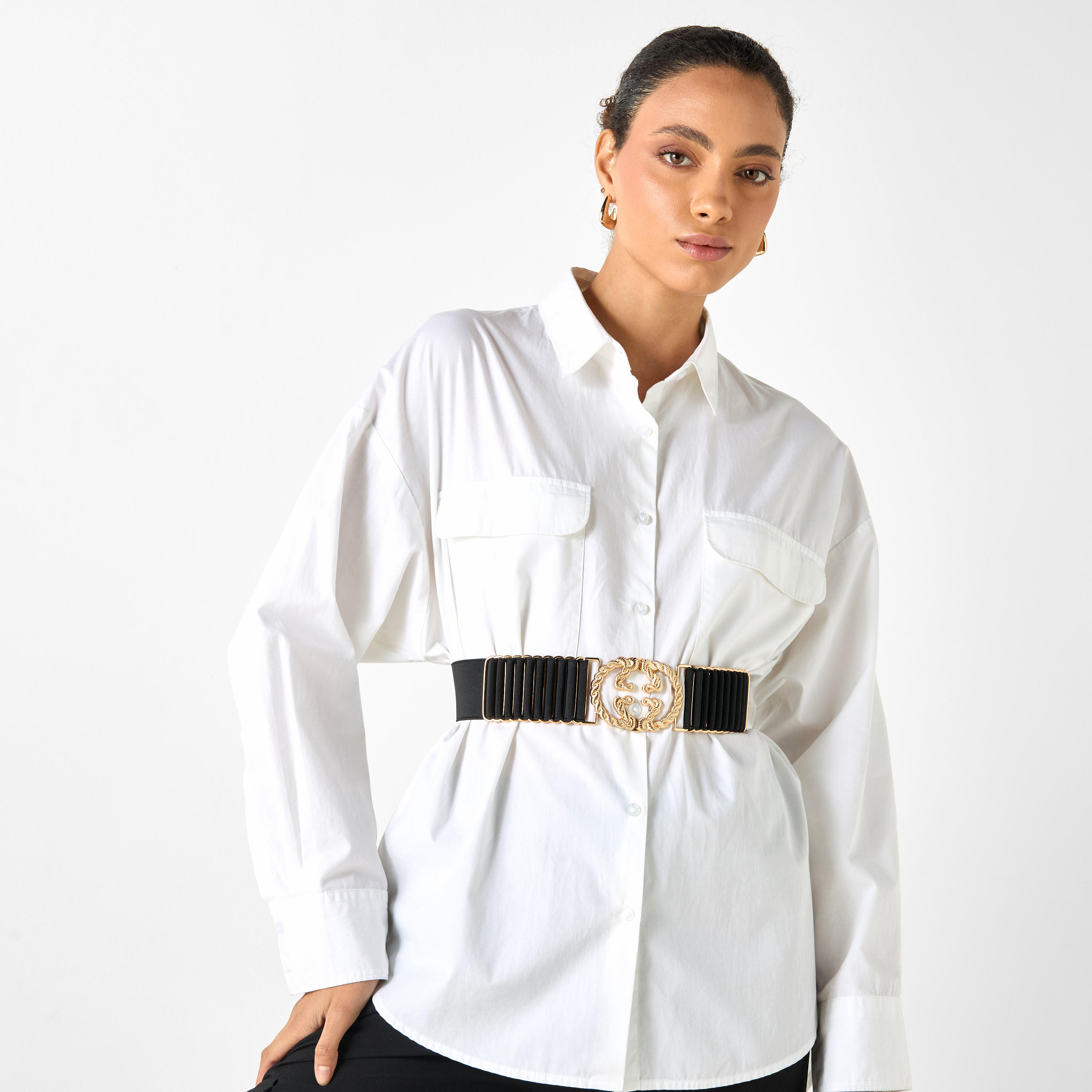 Metal Accent Elasticated Belt with Buckle Closure-women-clothingaccessories-belts-image-2