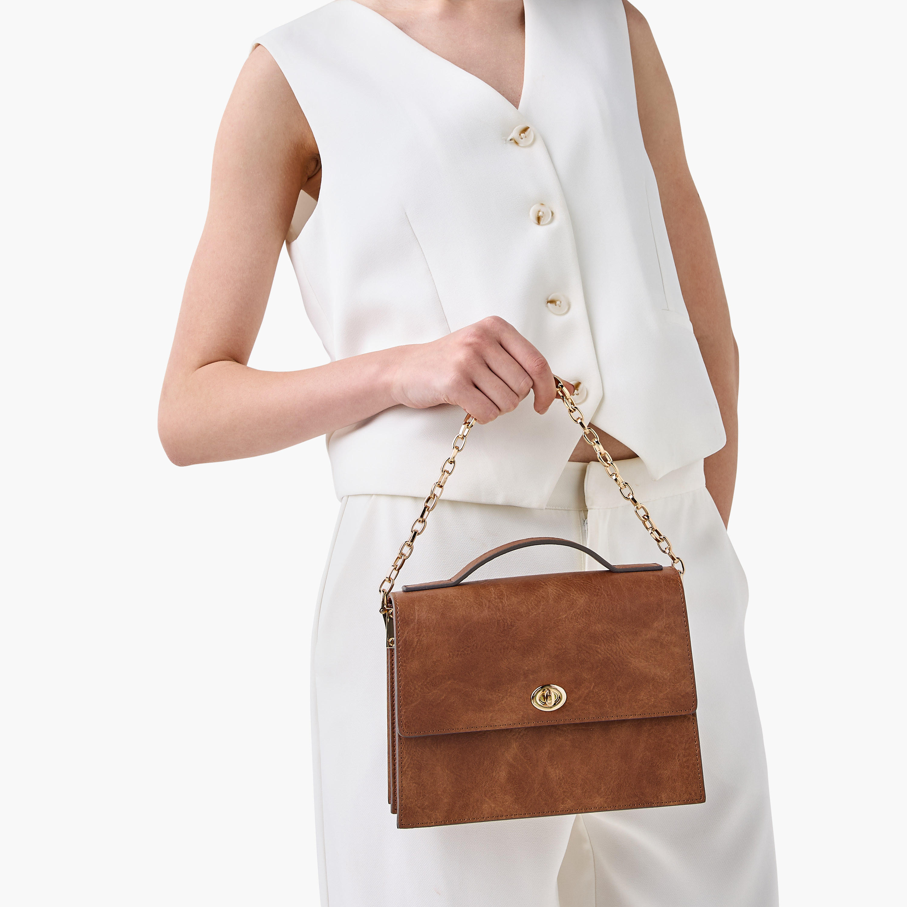 Textured Satchel Bag with Chain Strap-women-bagsandwallets-handbags-image-2