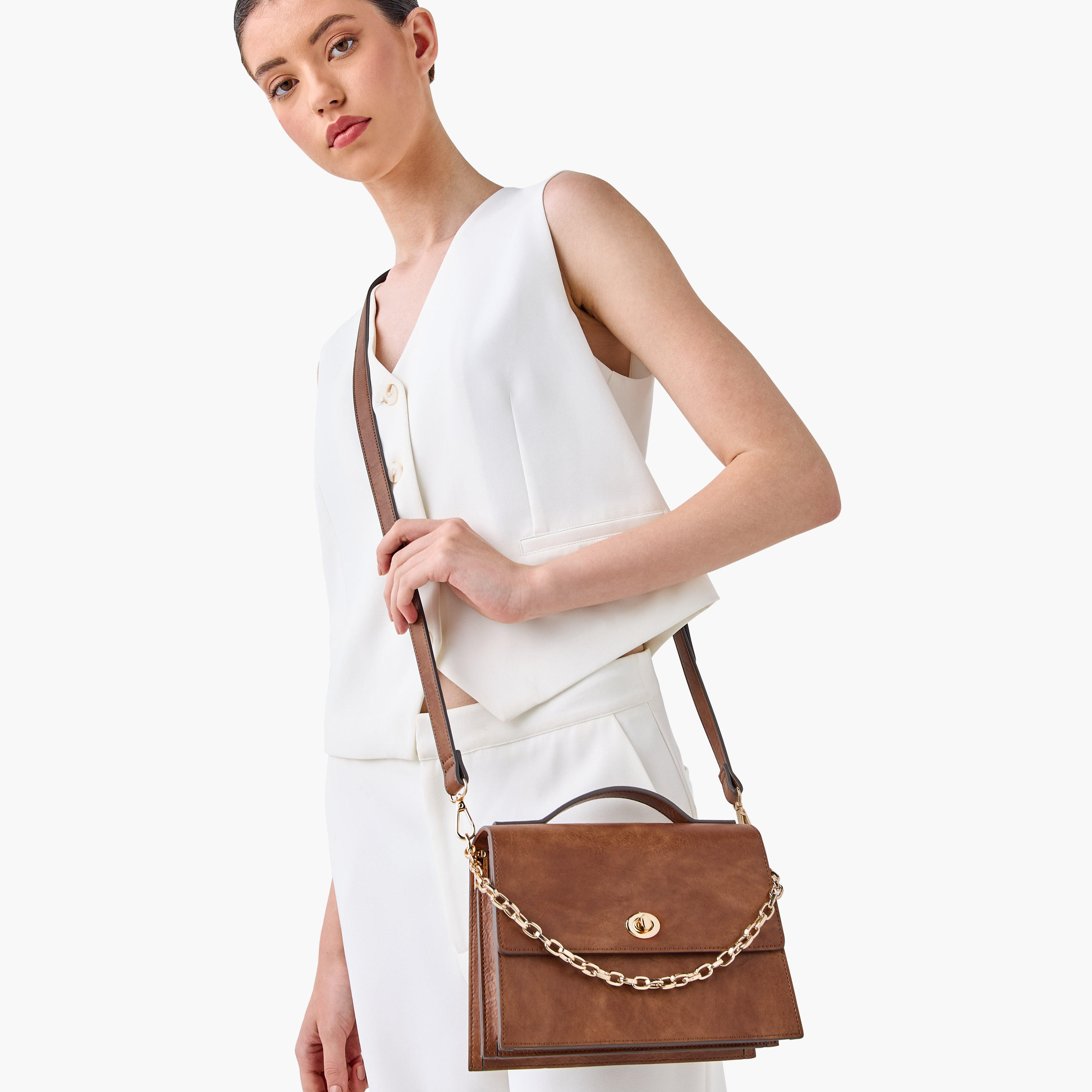 Textured Satchel Bag with Chain Strap-women-bagsandwallets-handbags-image-8