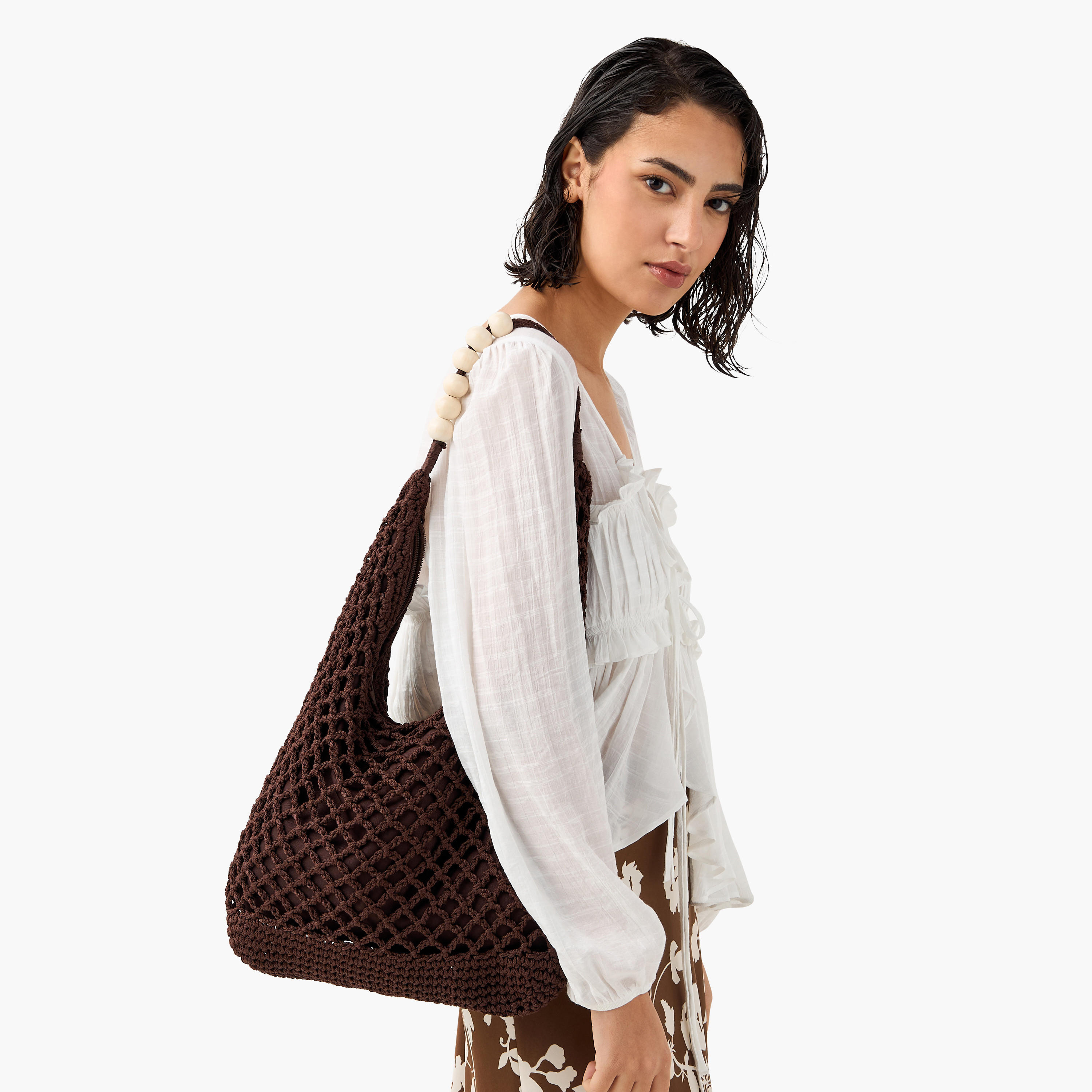Crochet Tote Bag with Bead Detail and Zip Closure-women-bagsandwallets-handbags-image-2