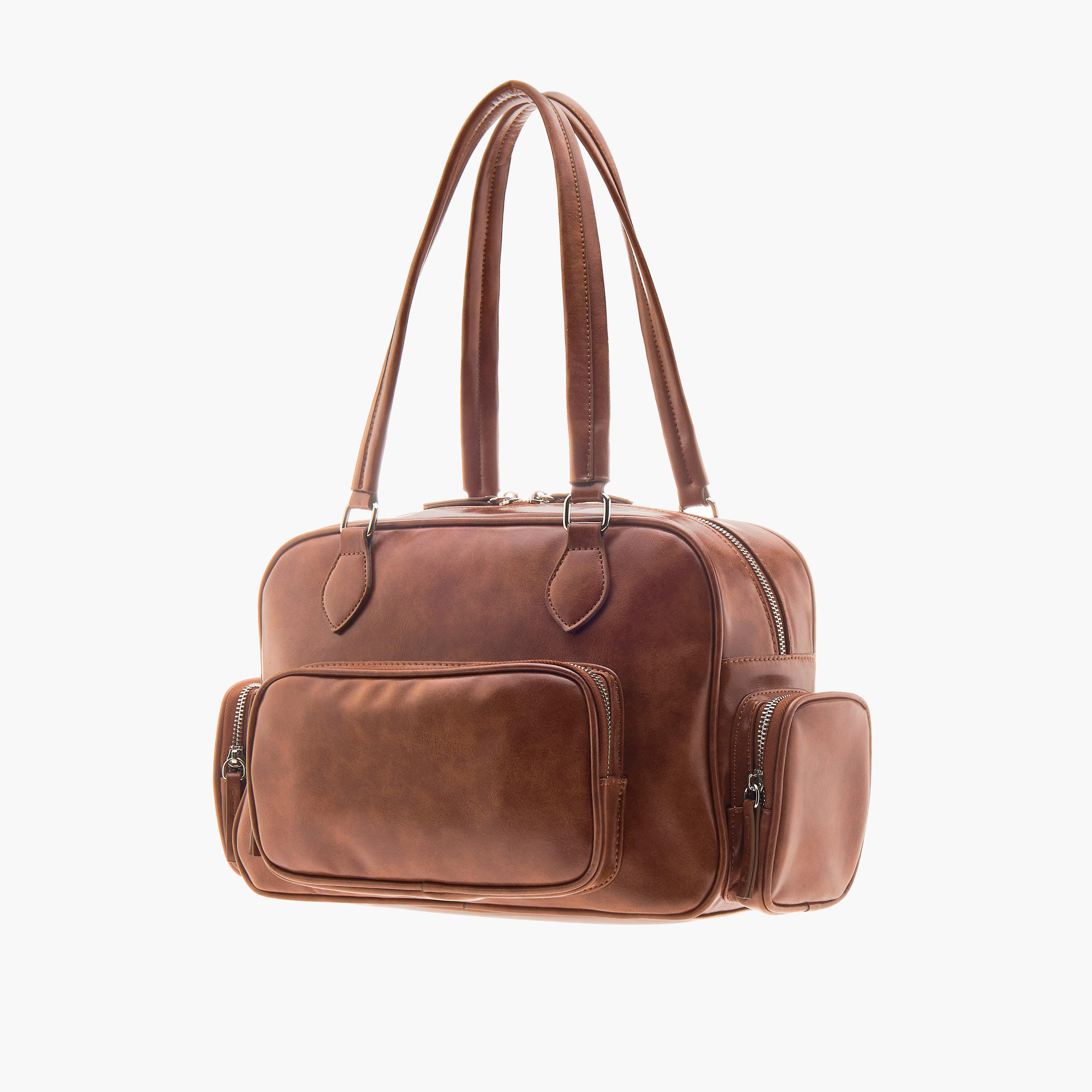 شنطة كتف بمقبض مزدوج وإغلاق سحاب وتفاصيل جيب-women-bagsandwallets-handbags-image-3