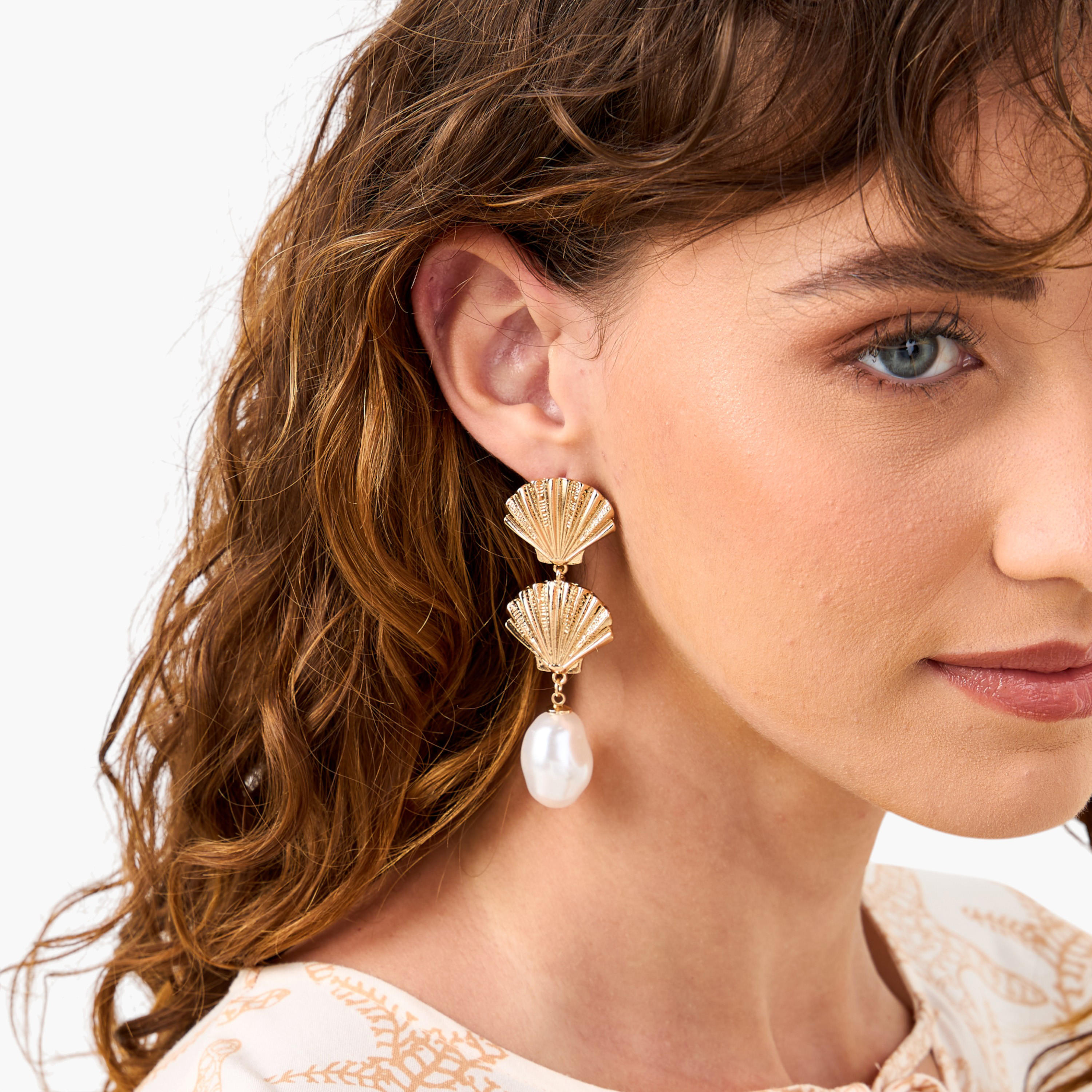 Pearl Accent Shell Shape Drop Earrings with Pushback Closure-women-watchesandjewellery-jewellery-earrings-image-2