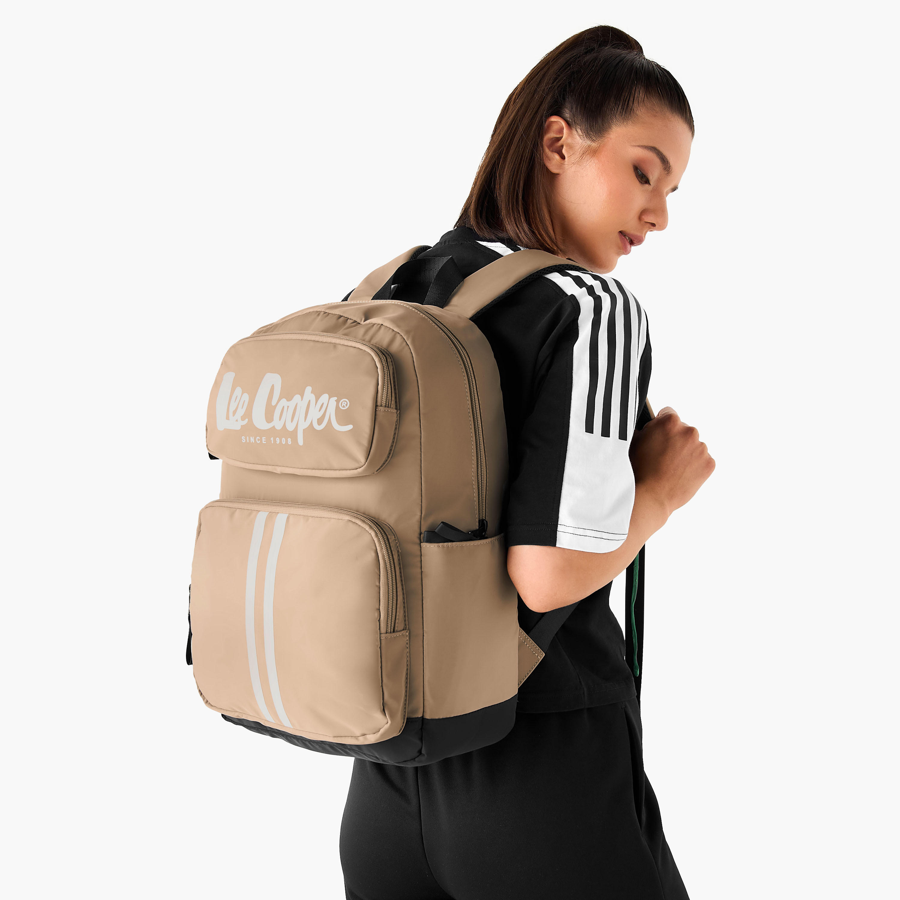 Lee Cooper Logo Print Backpack with Adjustable Shoulder Straps - 28x13.5x44 cm-women-bagsandwallets-backpacks-image-2