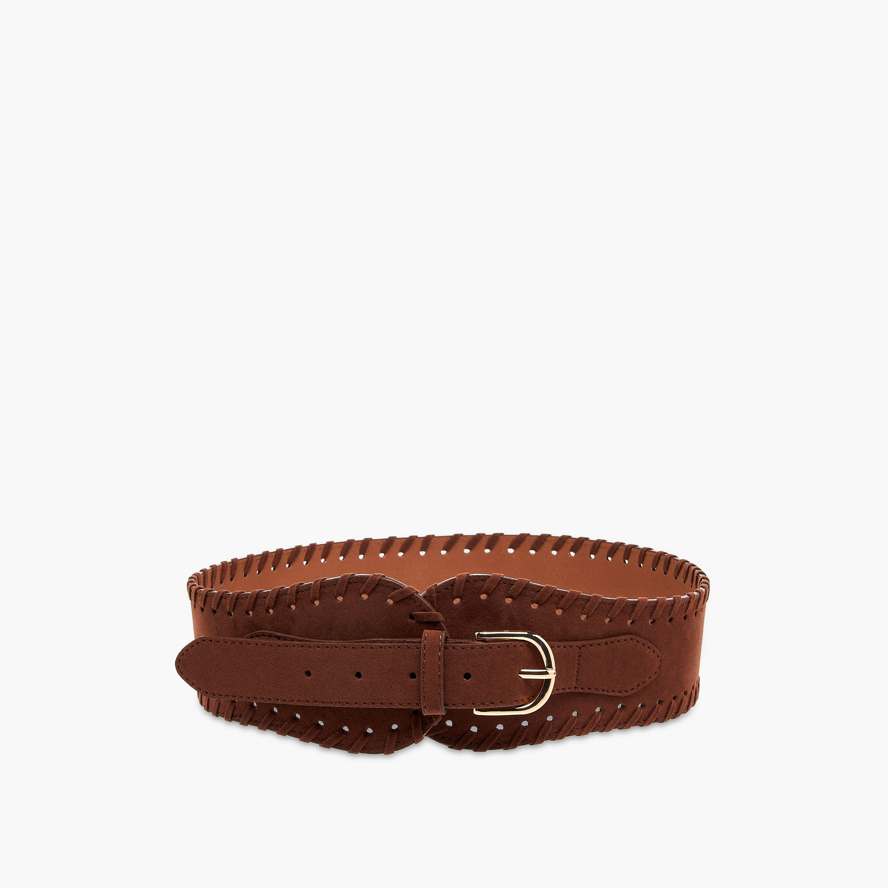 حزام جلد سويدي بتفاصيل مغرّزة ومشبك إغلاق بدبوس-women-clothingaccessories-belts-image-1