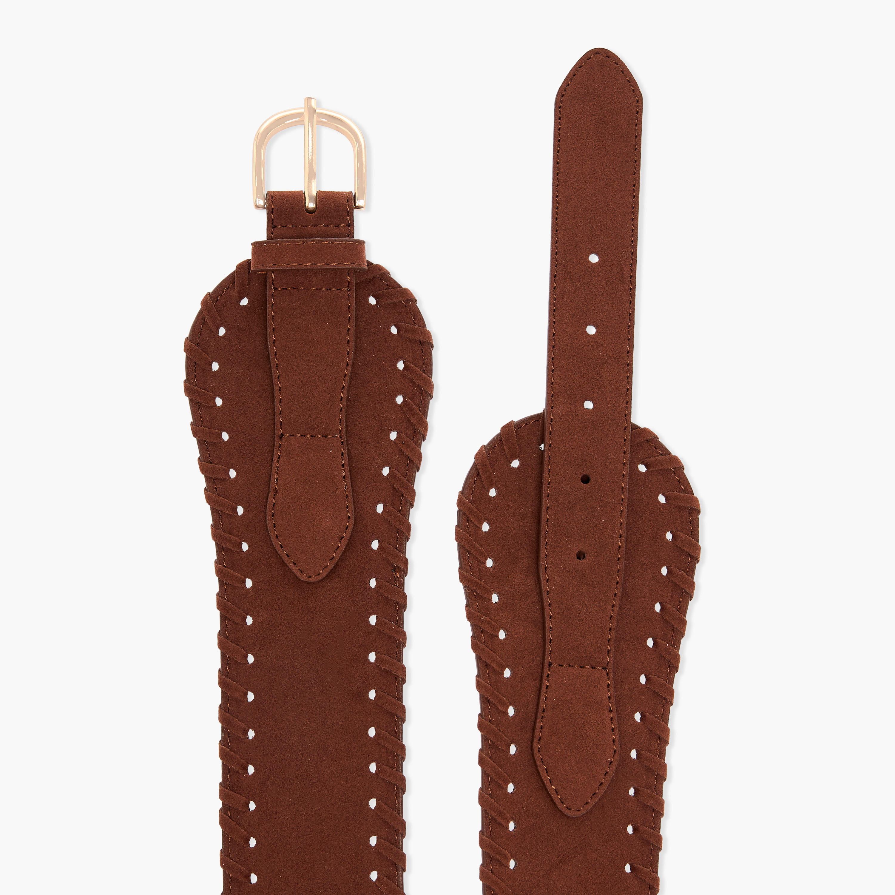 حزام جلد سويدي بتفاصيل مغرّزة ومشبك إغلاق بدبوس-women-clothingaccessories-belts-image-7