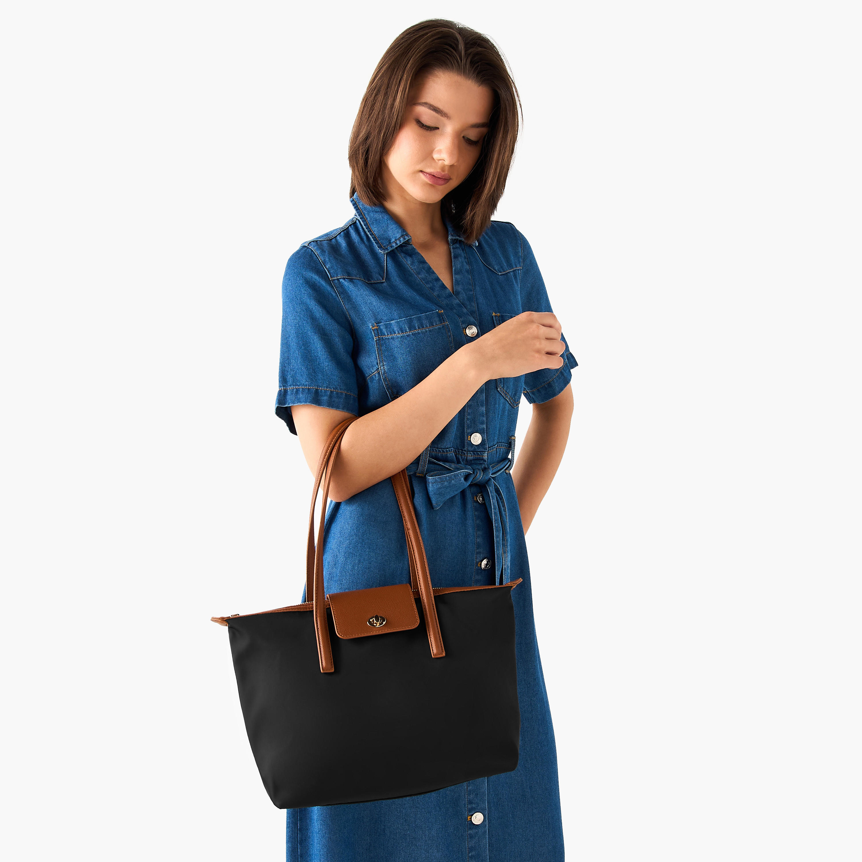 Flap Detail Tote Bag with Double Handle and Twist Lock Closure-women-bagsandwallets-handbags-image-2