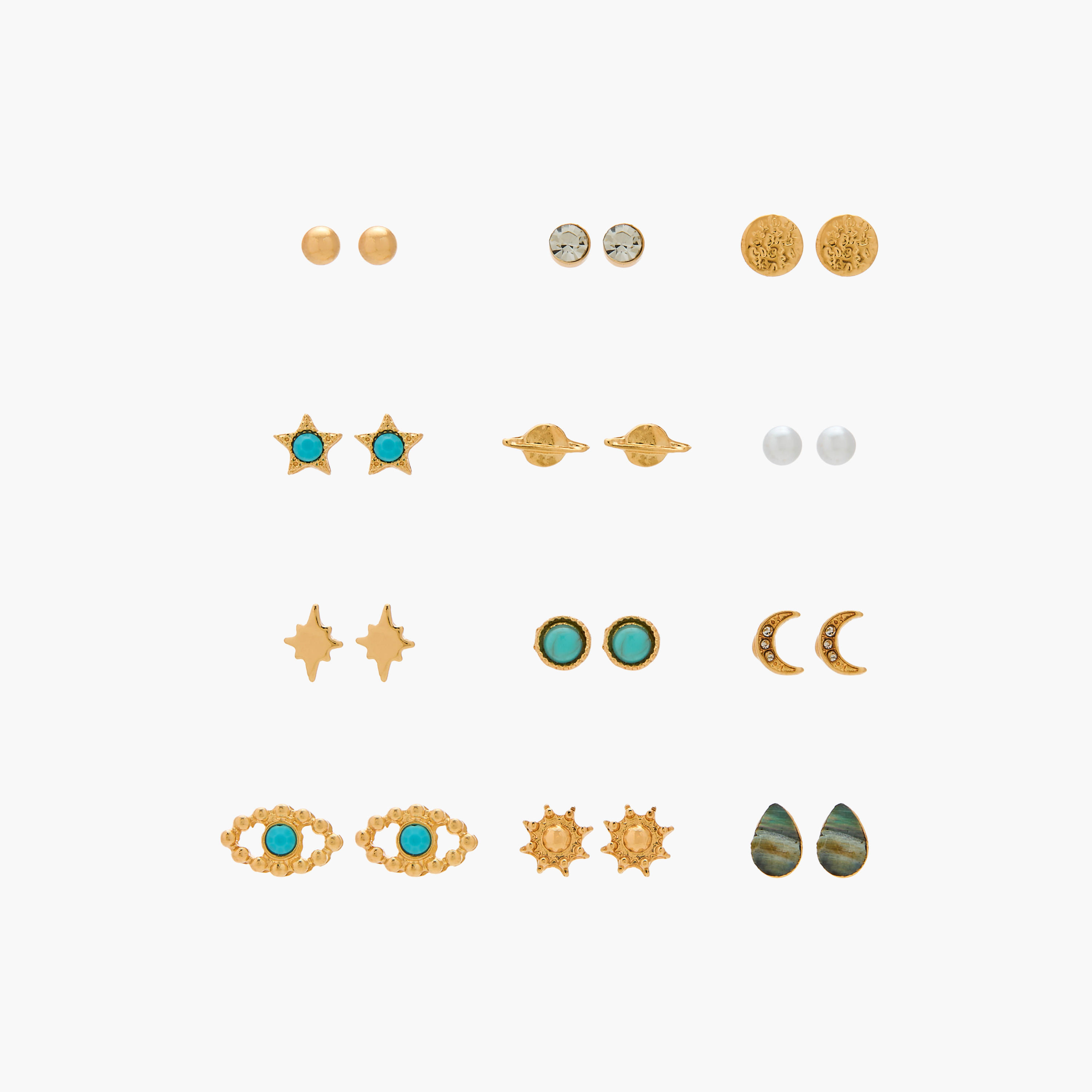 حلقان مرصعة متنوعة بلون ذهبي ومكبس إغلاق خلفي من جلو - عبوة 12 زوج-women-watchesandjewellery-jewellery-earrings-image-1