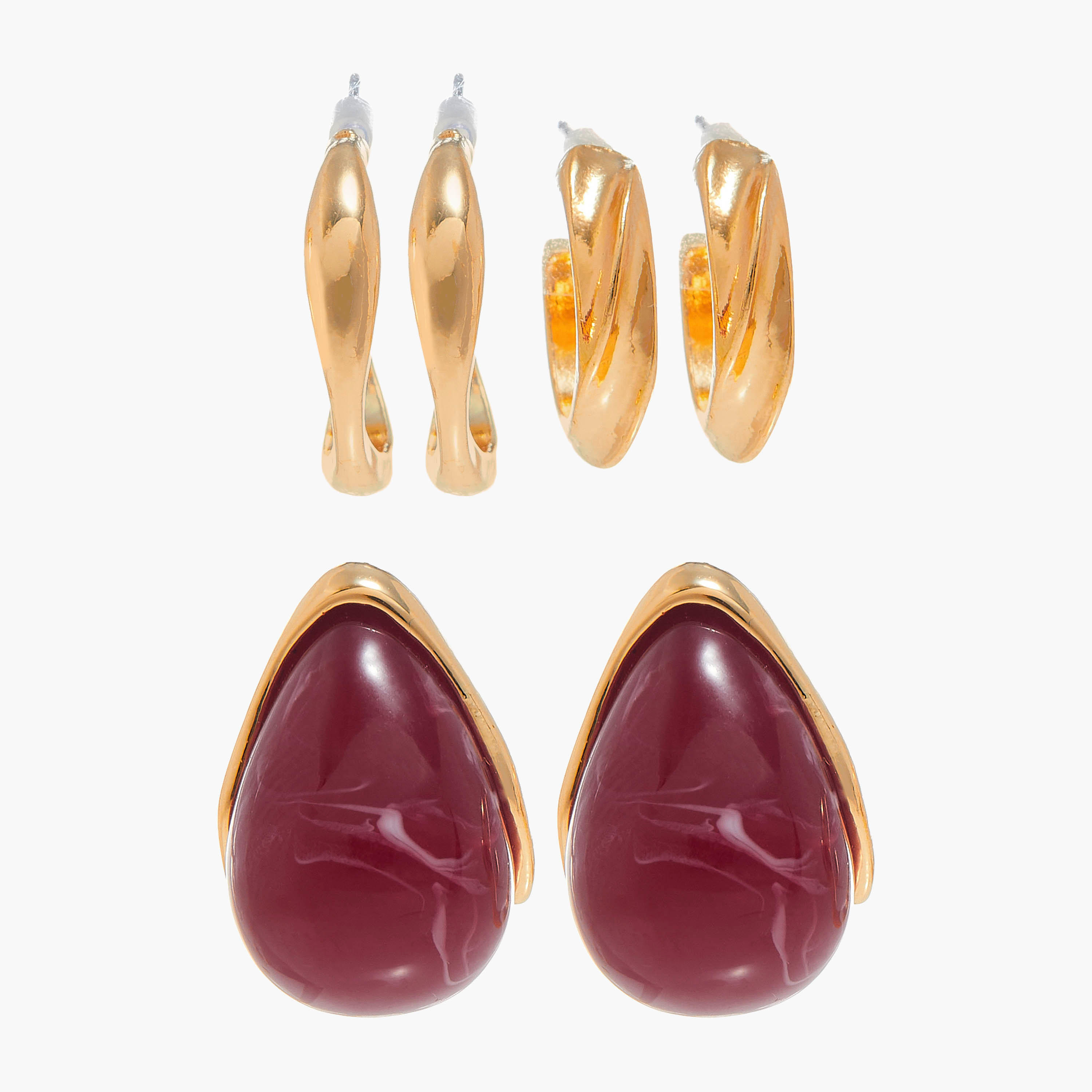 حلقان متنوعة بمكبس إغلاق خلفي - طقم من 3 أزواج-women-watchesandjewellery-jewellery-earrings-image-1