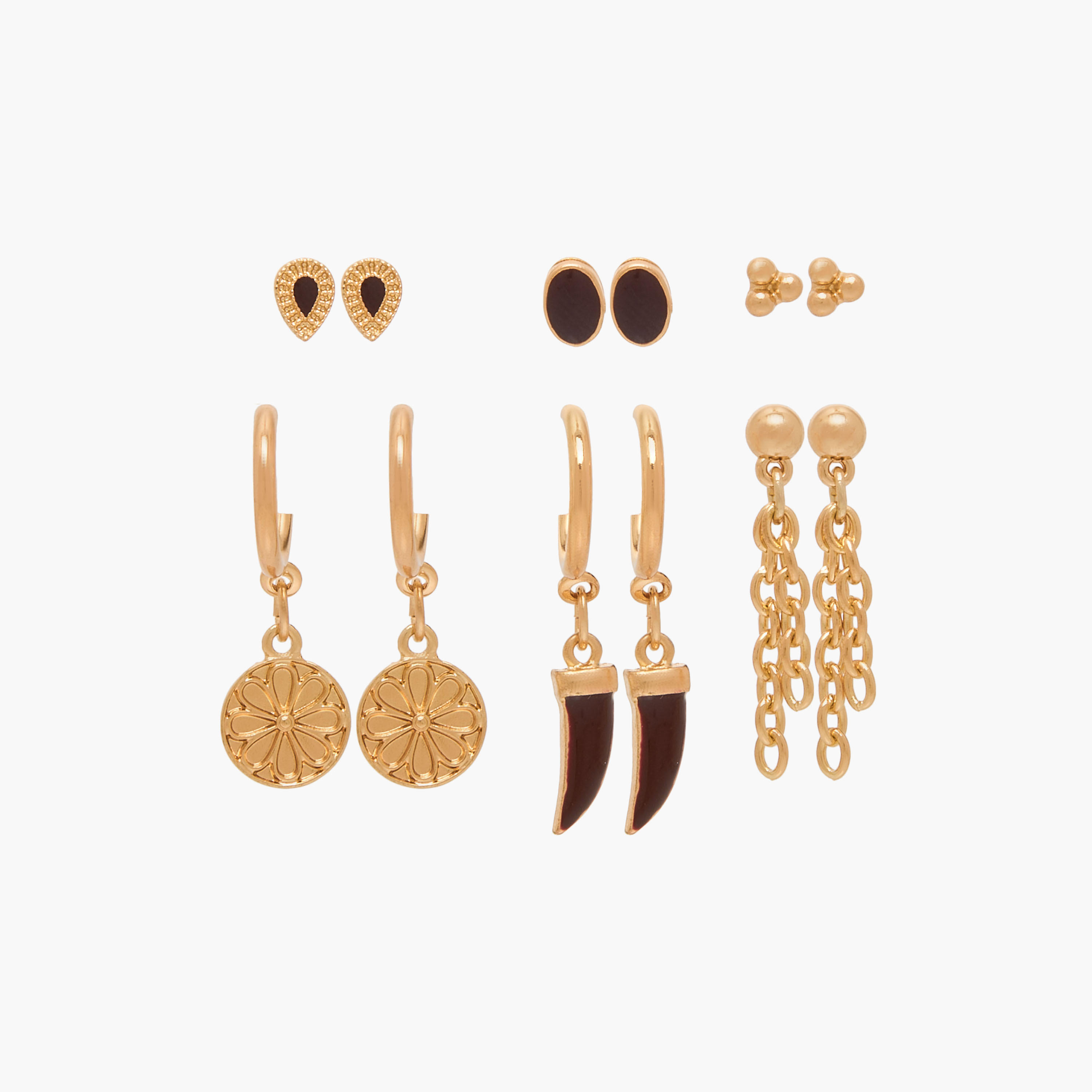 حلقان ميتاليك متنوعة بمكبس إغلاق خلفي - طقم من 6 أزواج-women-watchesandjewellery-jewellery-earrings-image-1