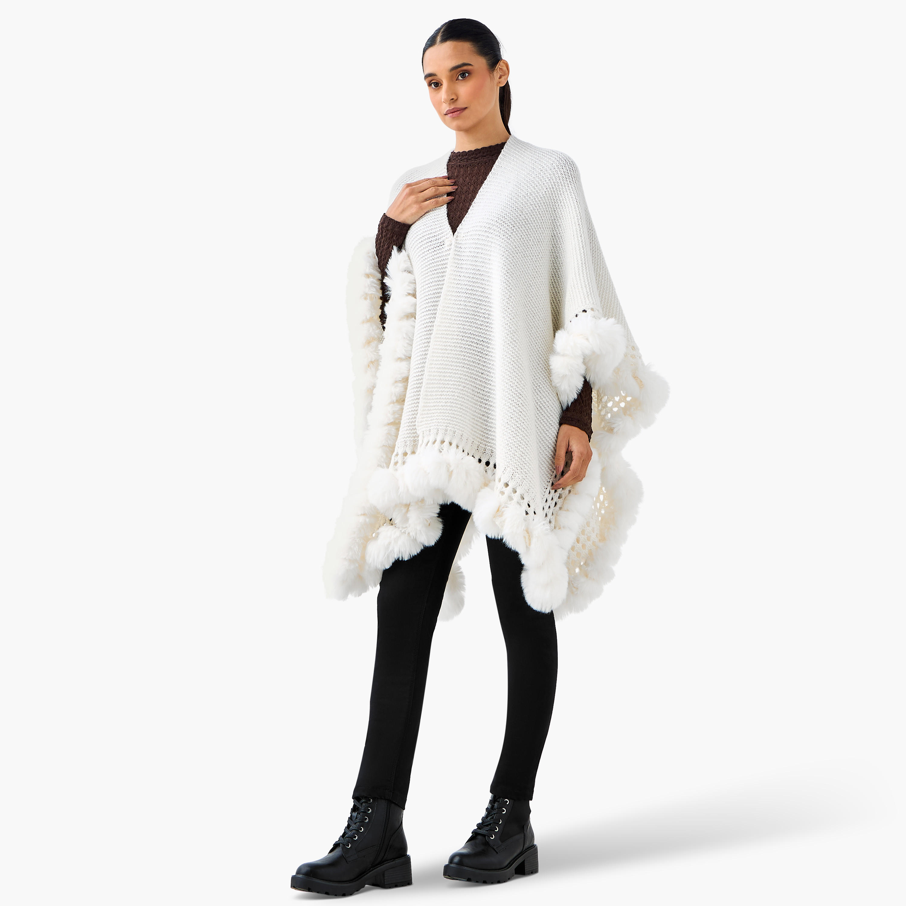كاب بوليستر بارز الملمس وتفاصيل فرو-women-winterwear-cardigansandjumpers-cardigans-image-4