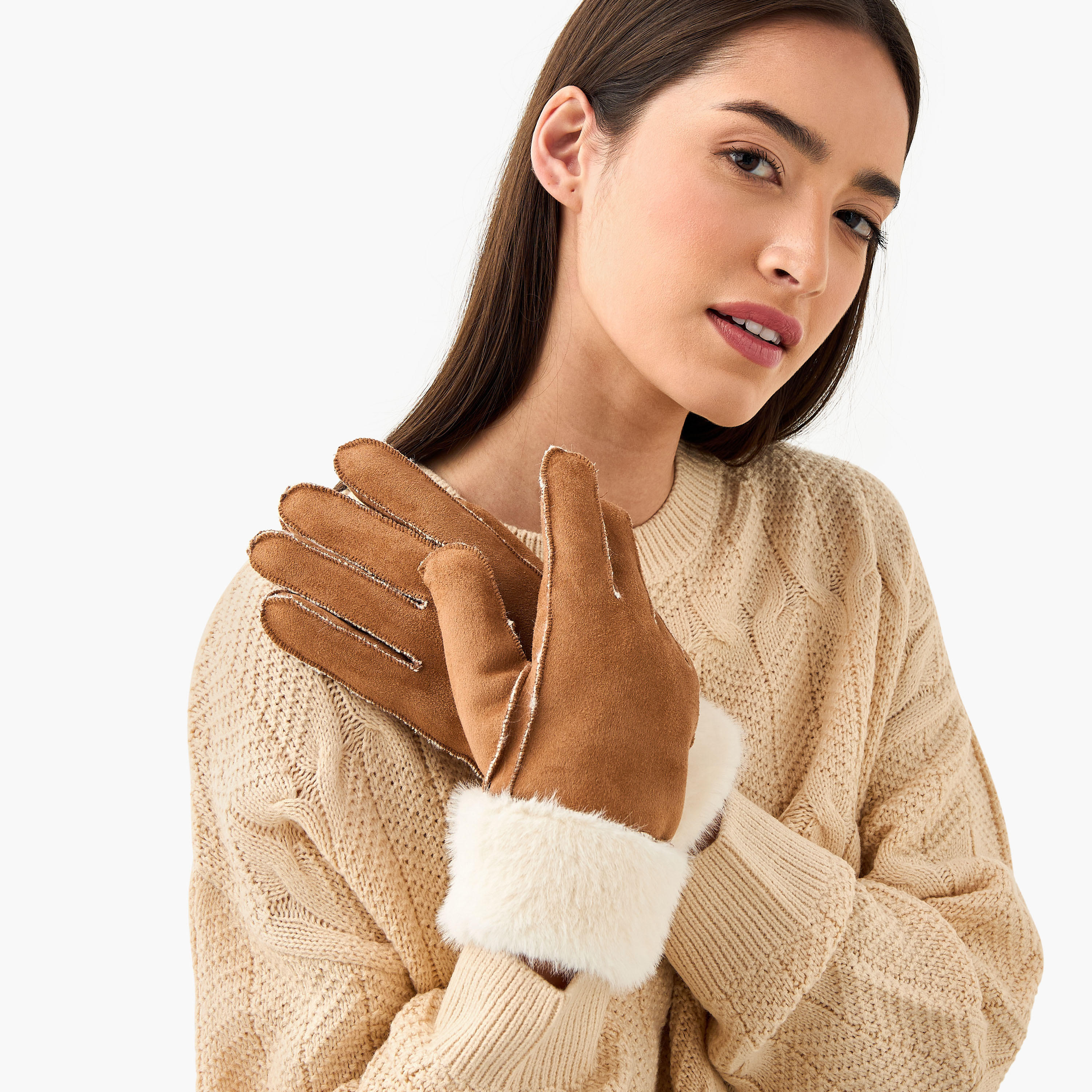 Suede Fur Trim Polyester Winter Gloves-women-clothingaccessories-gloves-image-2