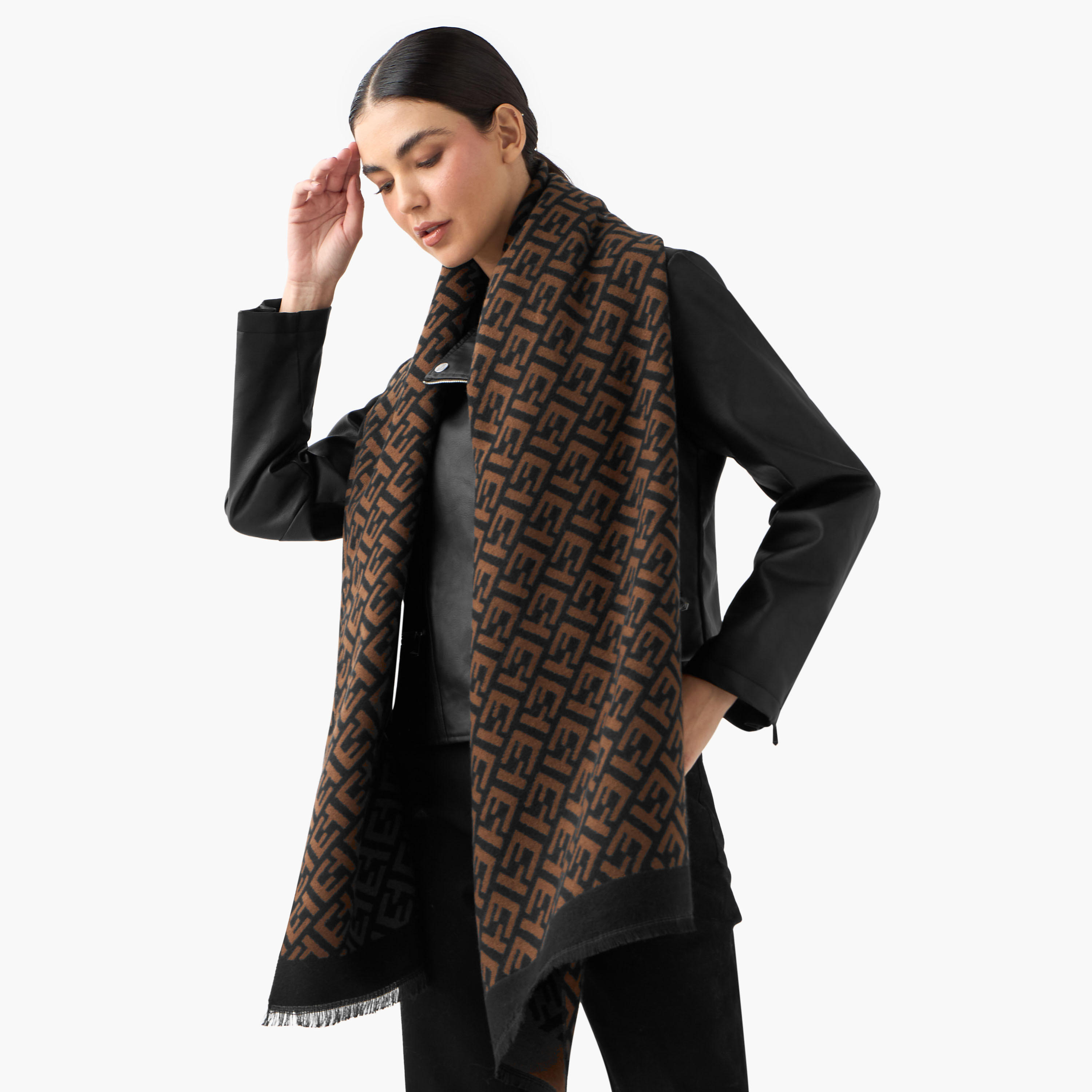 Scarf Monogram Print with Fringe Detail Multicolour-women-winterwear-scarves-image-2