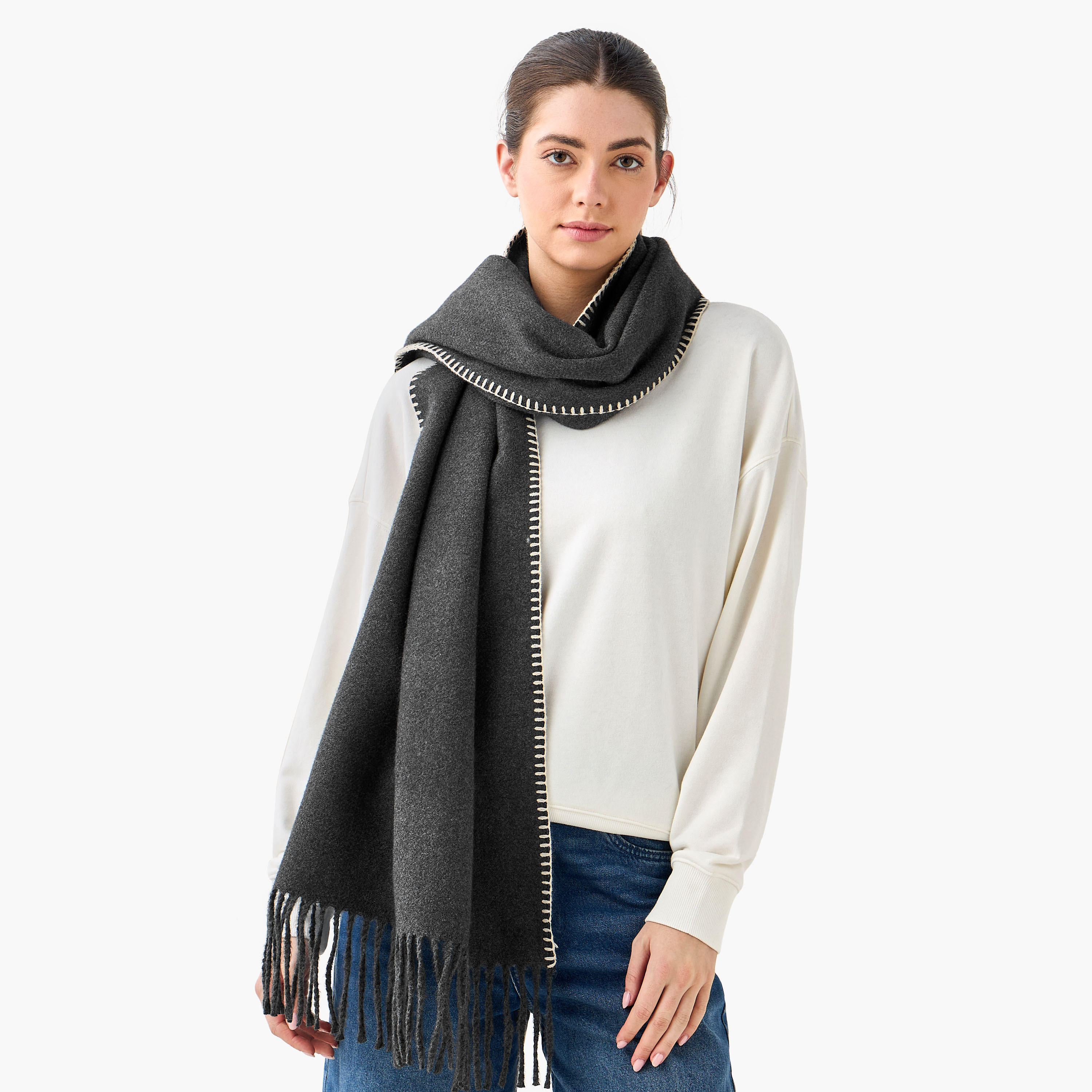 Scarf Polyester Contrast Stitch Grey-women-winterwear-scarves-image-2