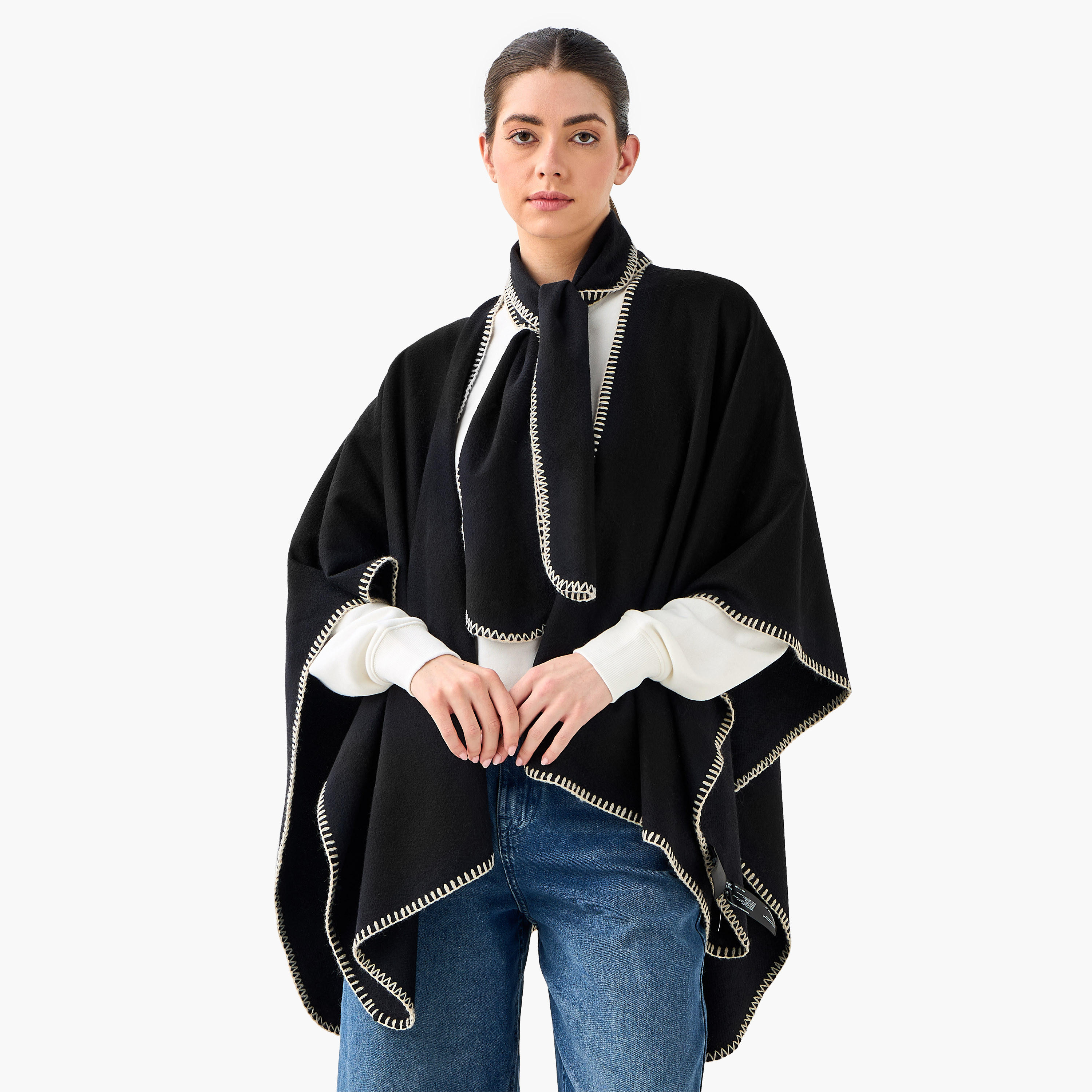 Cape Tie Neck Polyester Black-women-winterwear-scarves-image-1